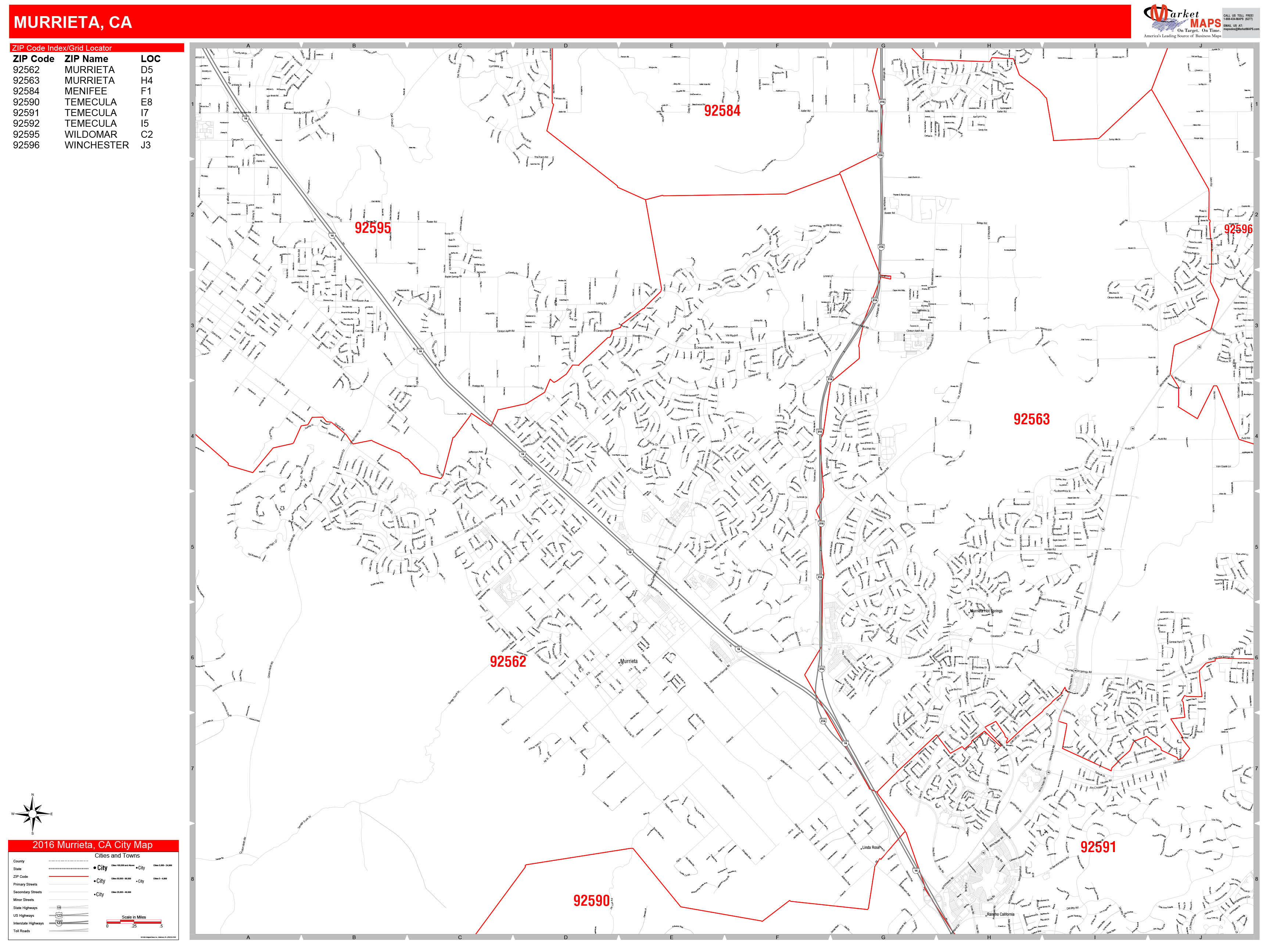 Murrieta California Zip Code Wall Map (Red Line Style) by MarketMAPS