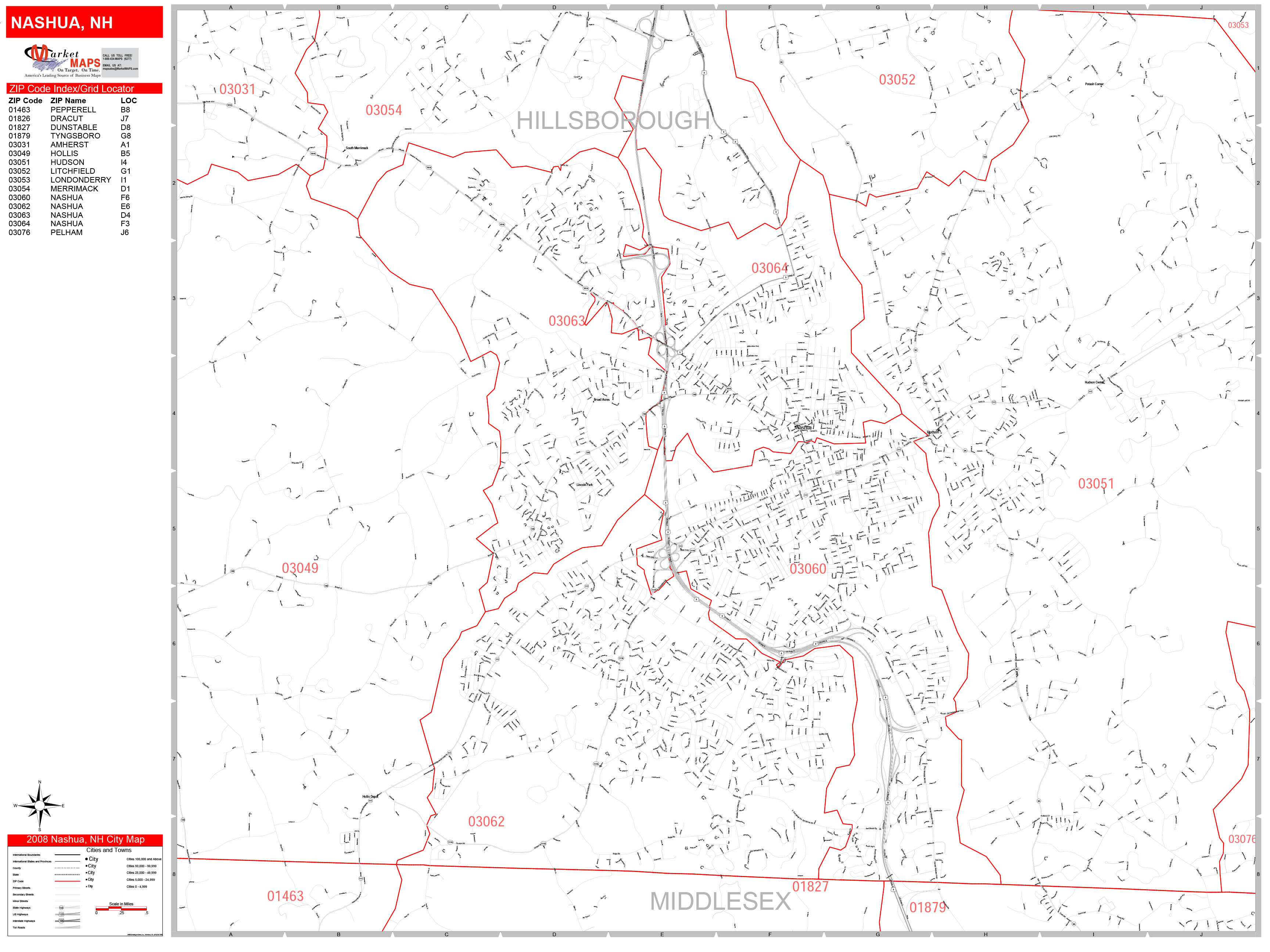 Nashua New Hampshire Zip Code Wall Map (Red Line Style) by MarketMAPS