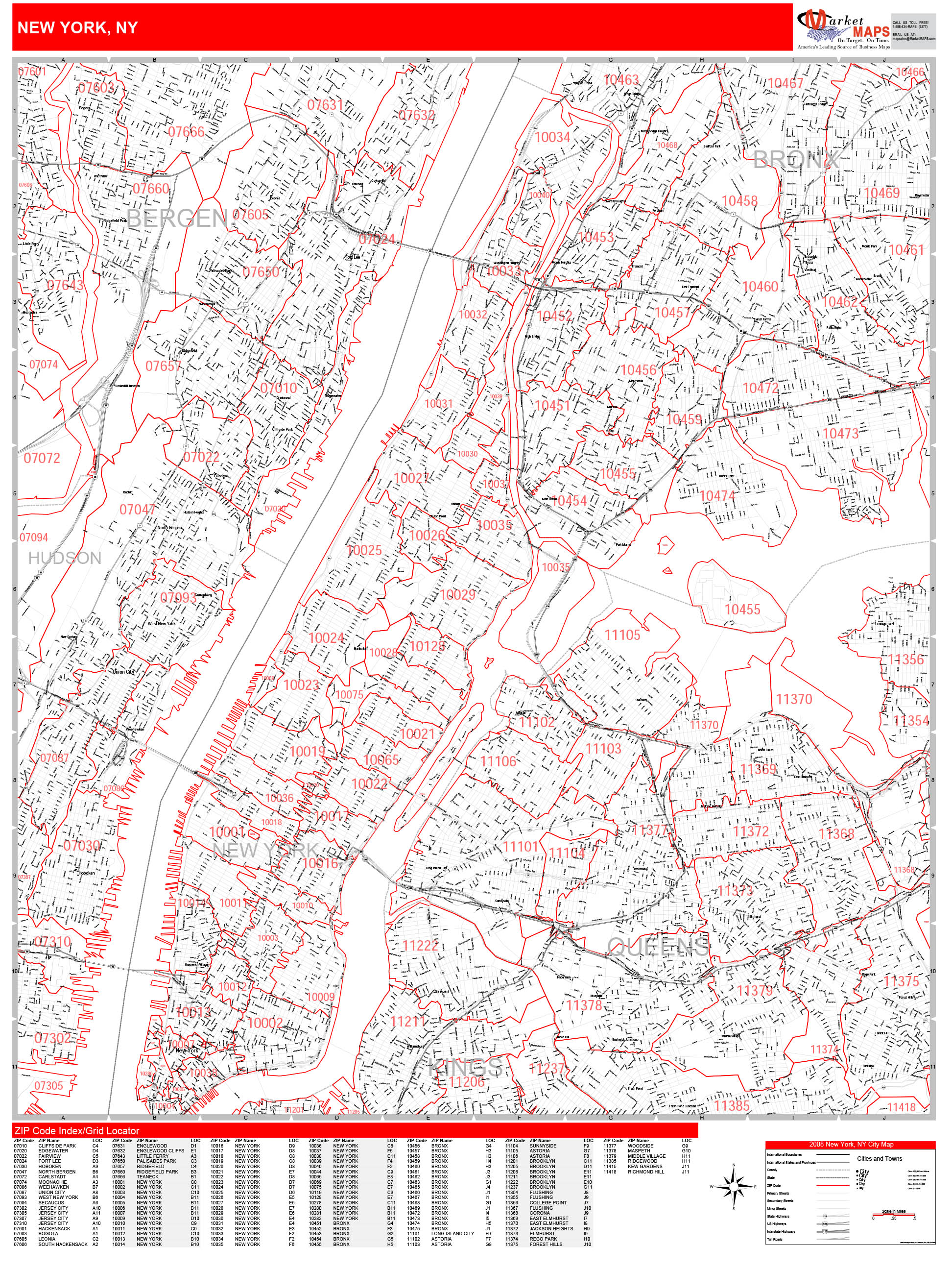 New York New York Zip Code Wall Map (Red Line Style) by MarketMAPS