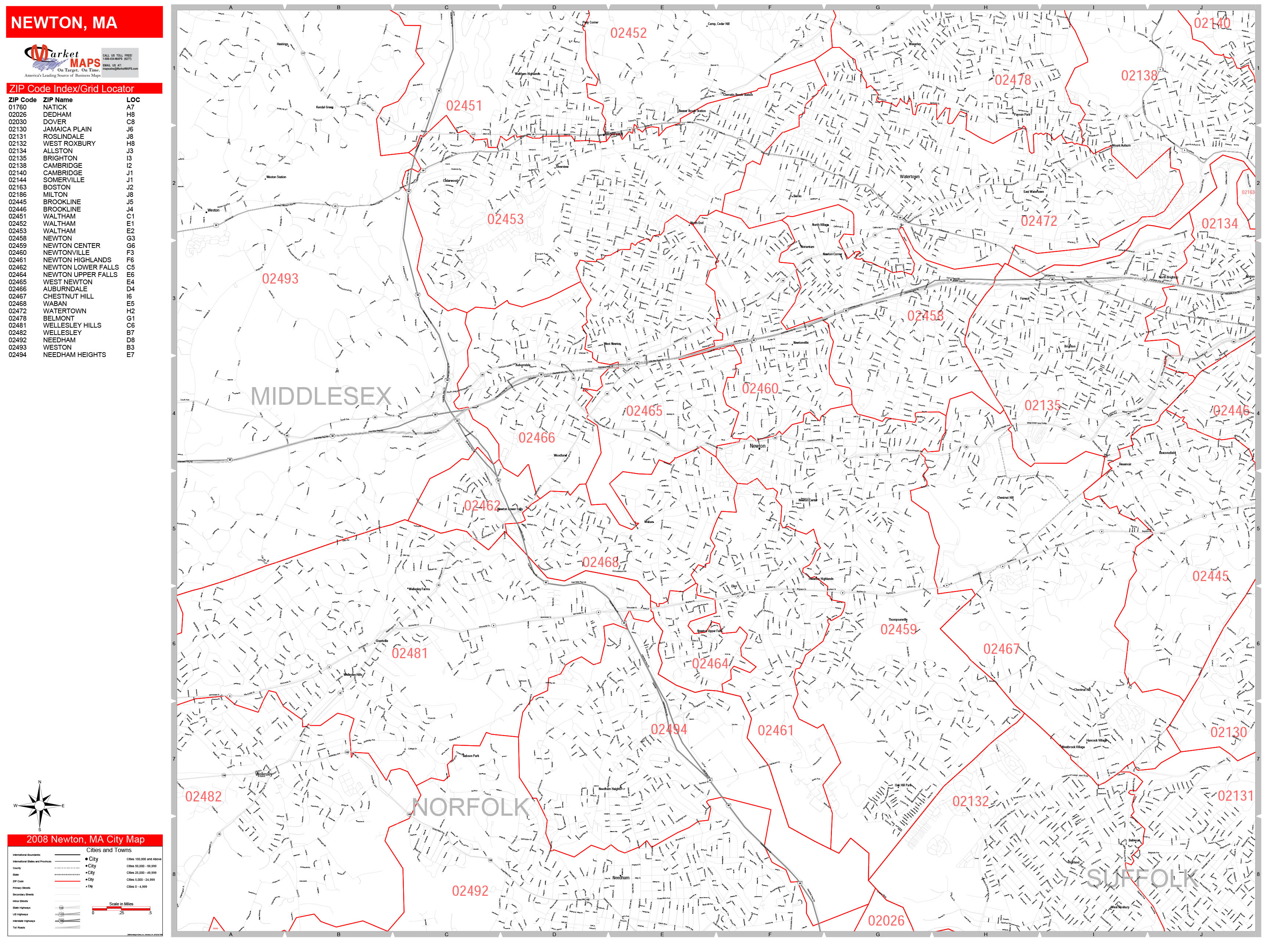 Newton Massachusetts Zip Code Wall Map Red Line Style By Marketmaps
