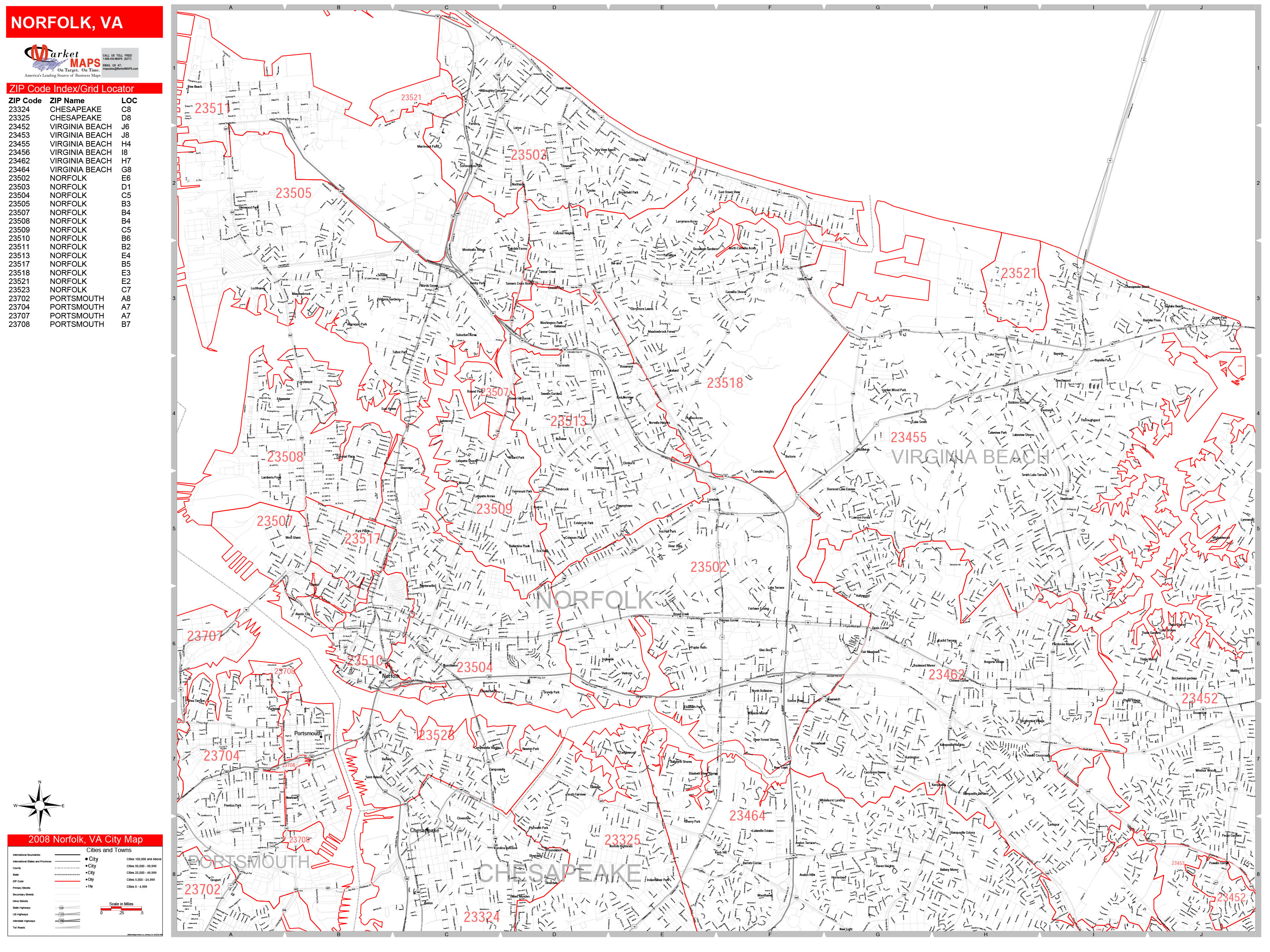 Norfolk Virginia Zip Code Wall Map Red Line Style By Marketmaps