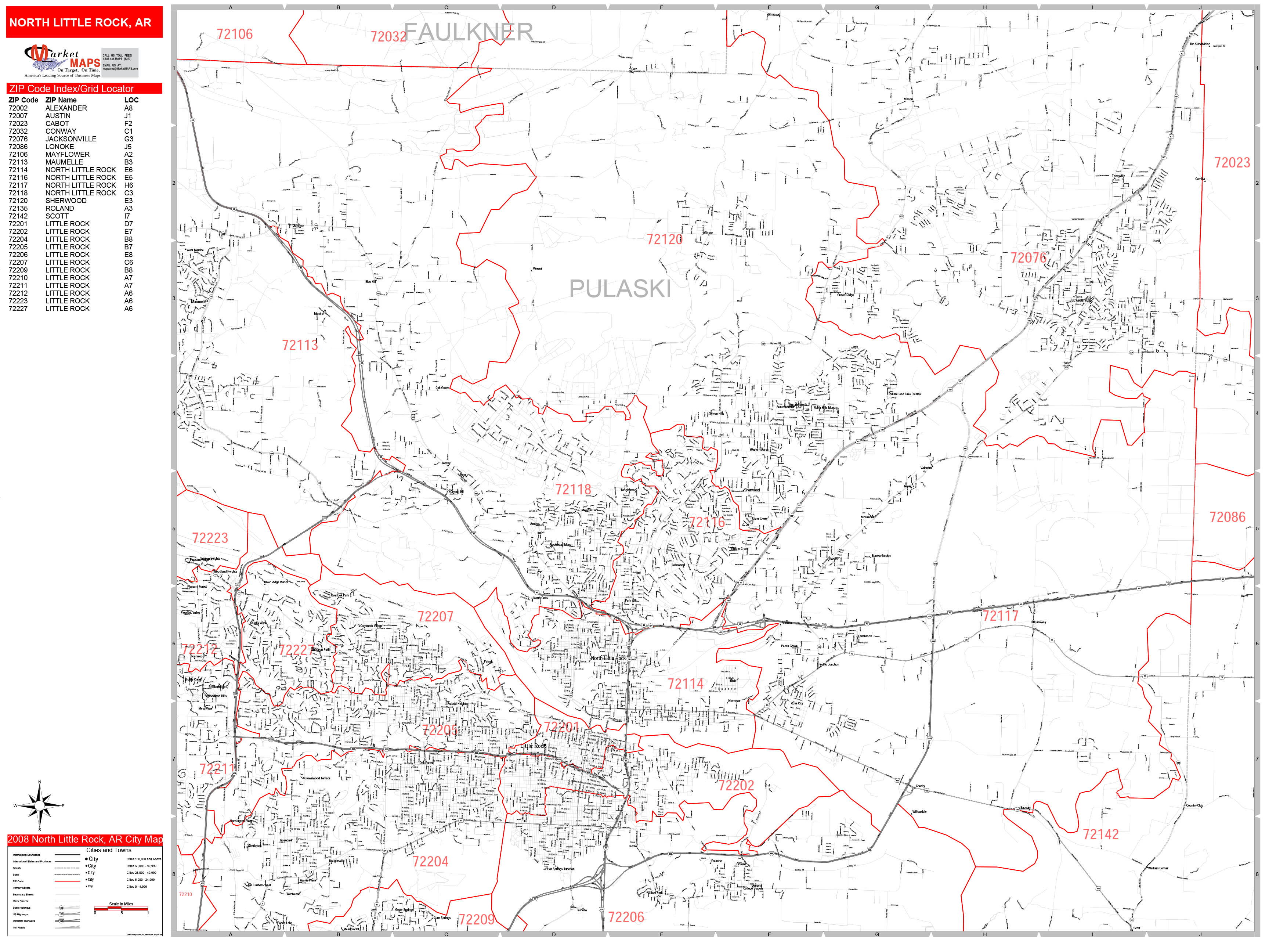 North Little Rock Arkansas Zip Code Wall Map Red Line Style By