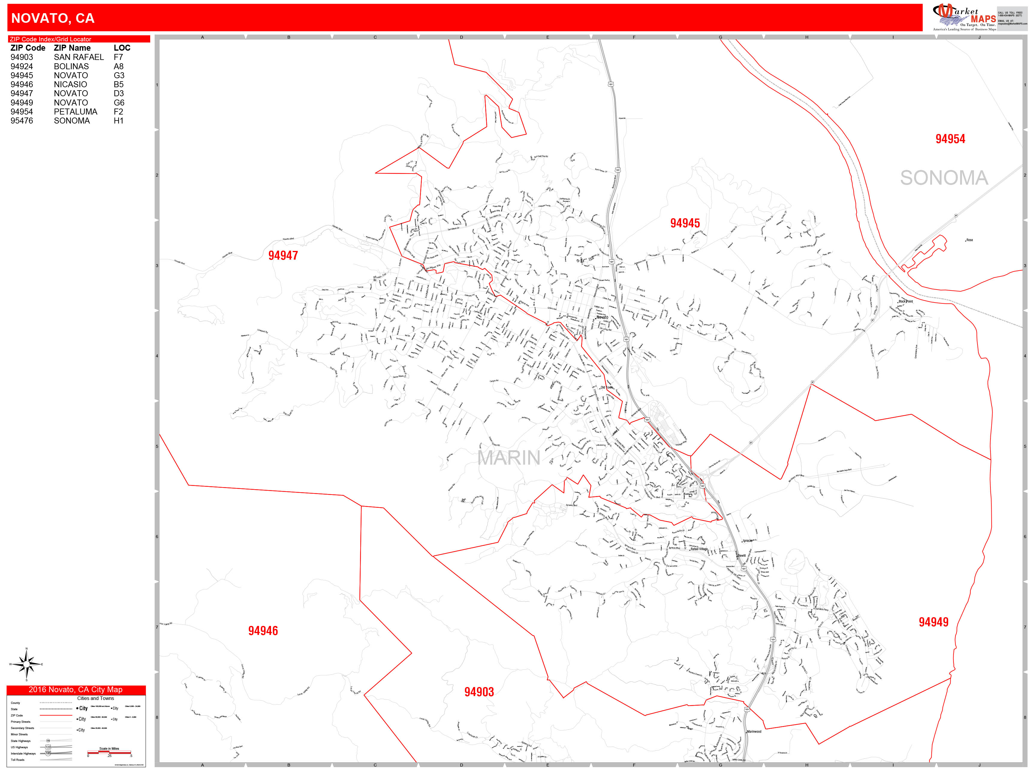 Novato California Zip Code Wall Map (Red Line Style) by MarketMAPS