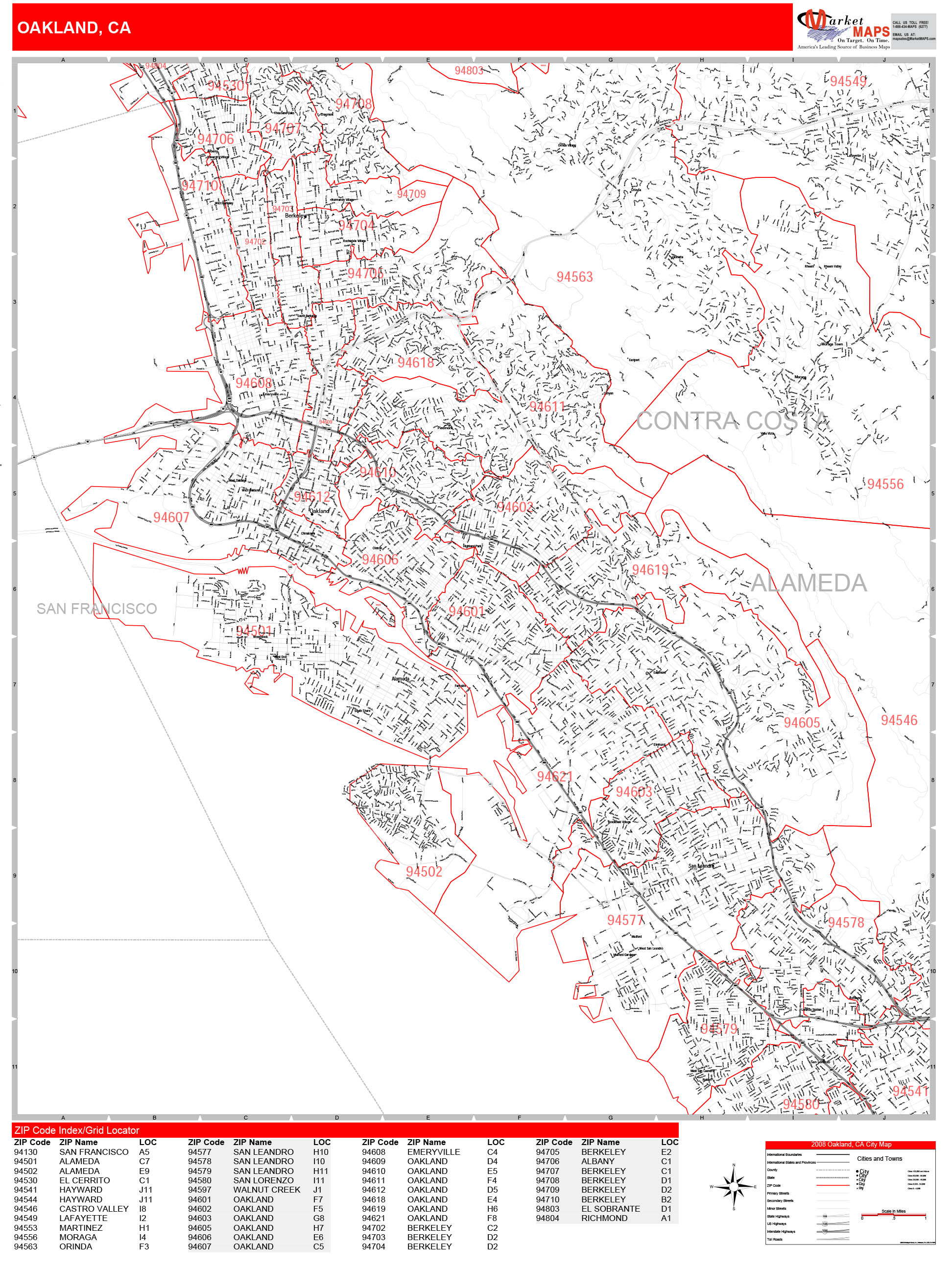 Oakland California Zip Code Wall Map (Red Line Style) by MarketMAPS