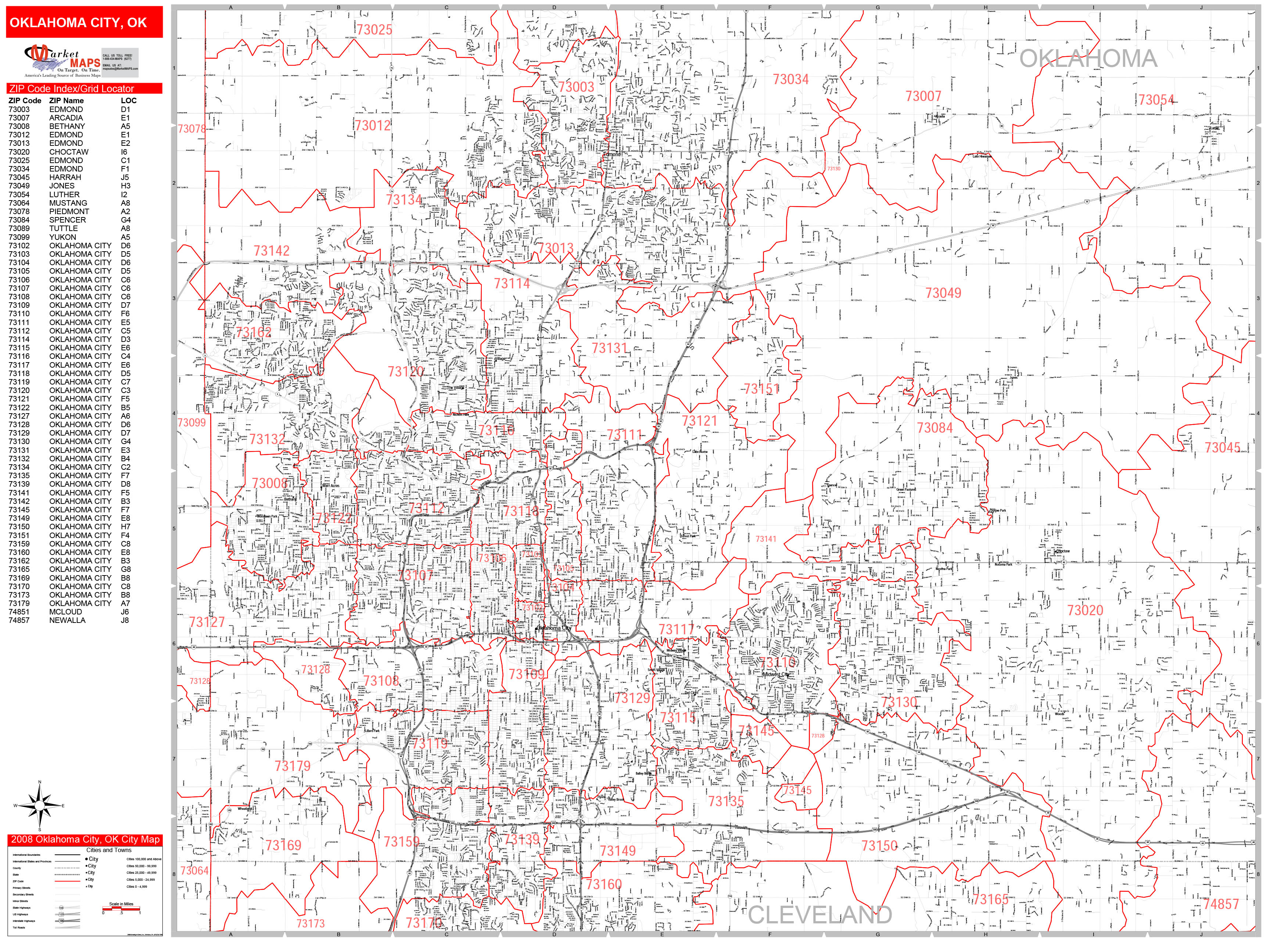 Oklahoma City Oklahoma Zip Code Wall Map Red Line Style By Marketmaps