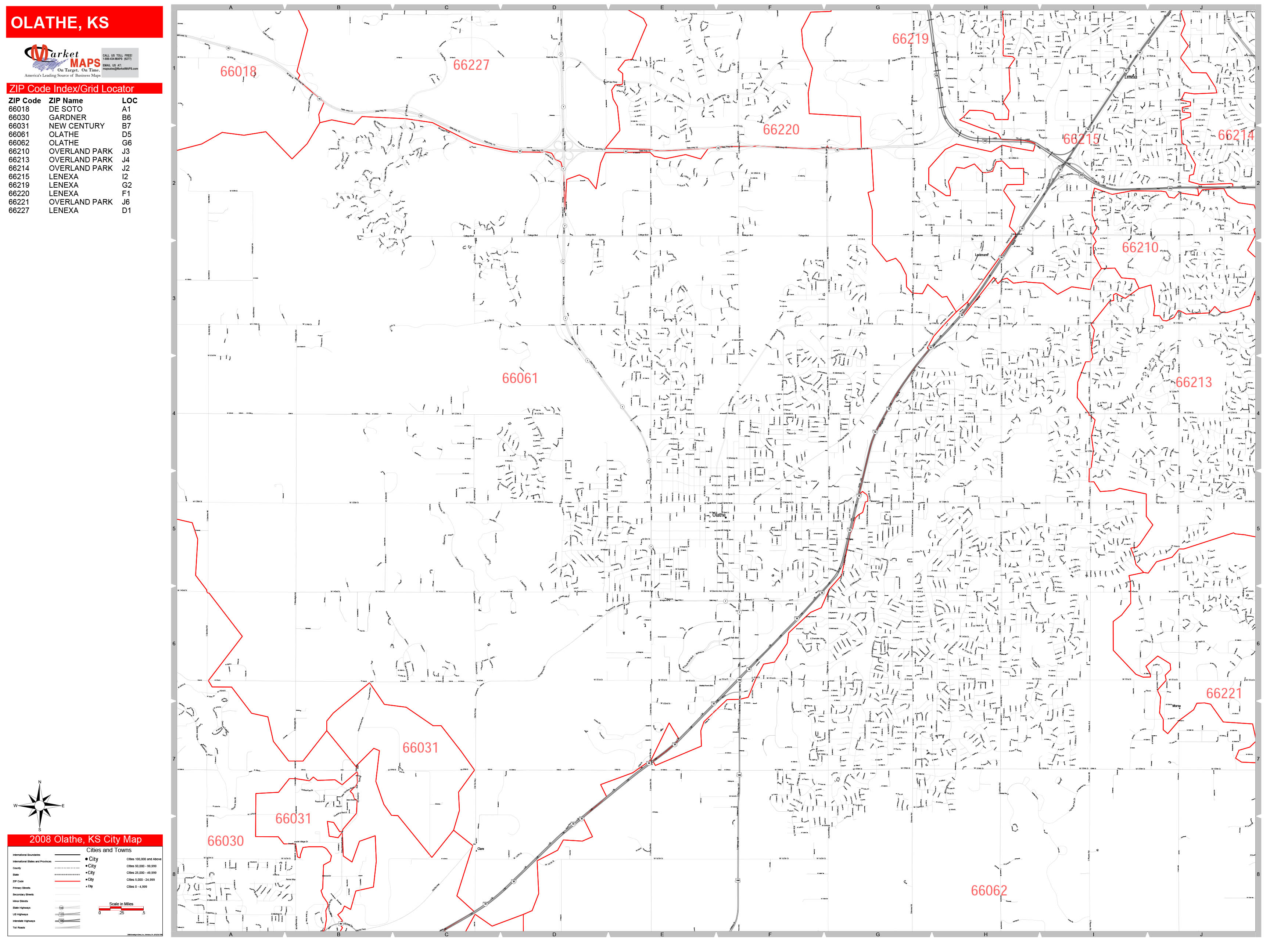 Olathe Kansas Zip Code Wall Map (Red Line Style) by MarketMAPS MapSales