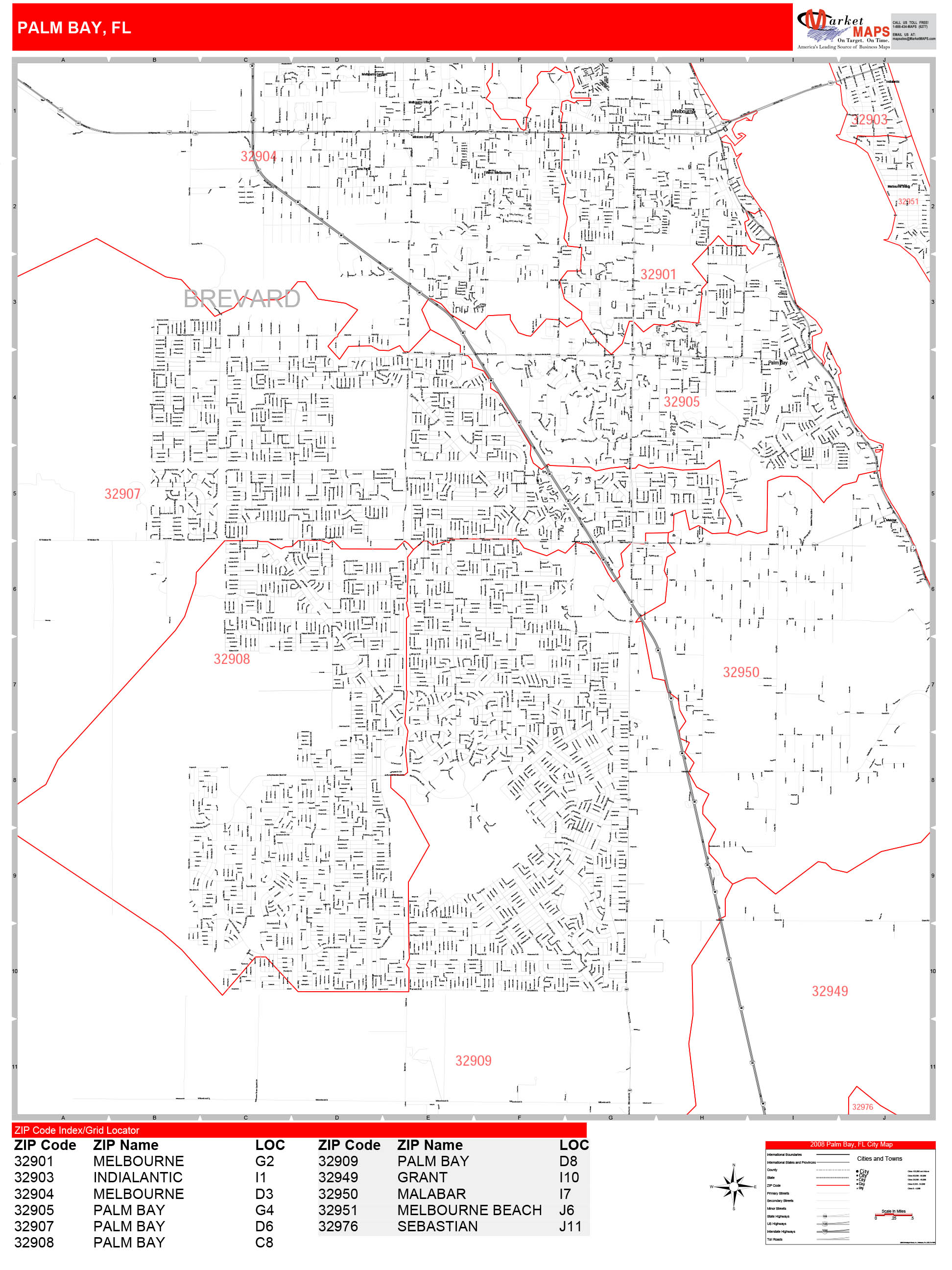 Palm Bay Florida Zip Code Wall Map (Red Line Style) by MarketMAPS