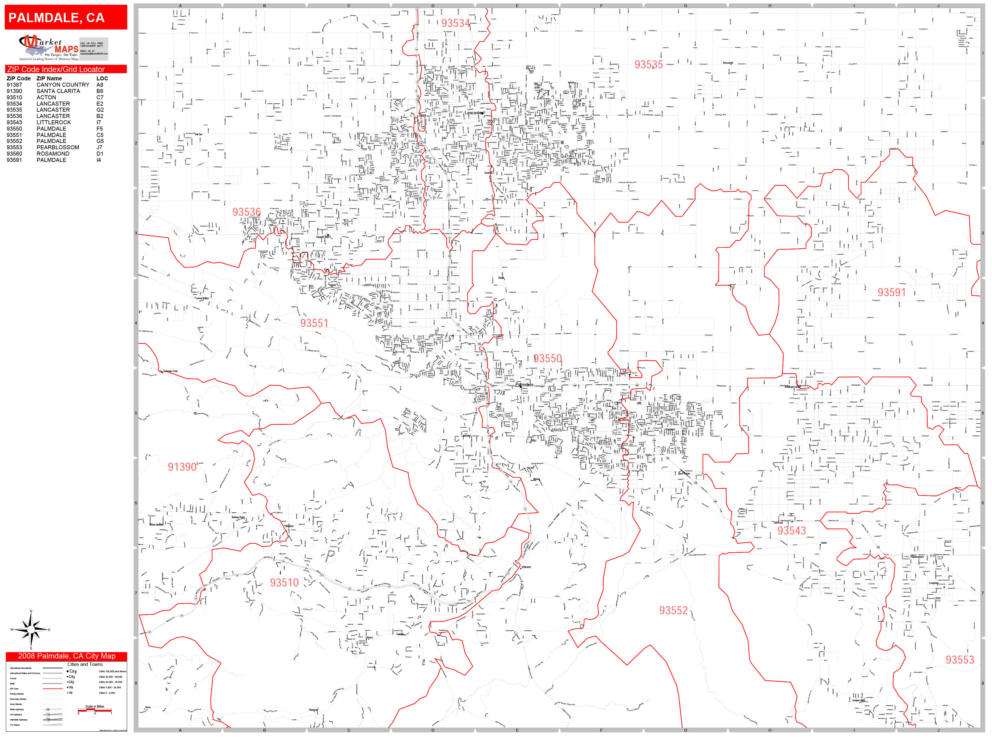 Palmdale California Zip Code Wall Map (Red Line Style) by MarketMAPS