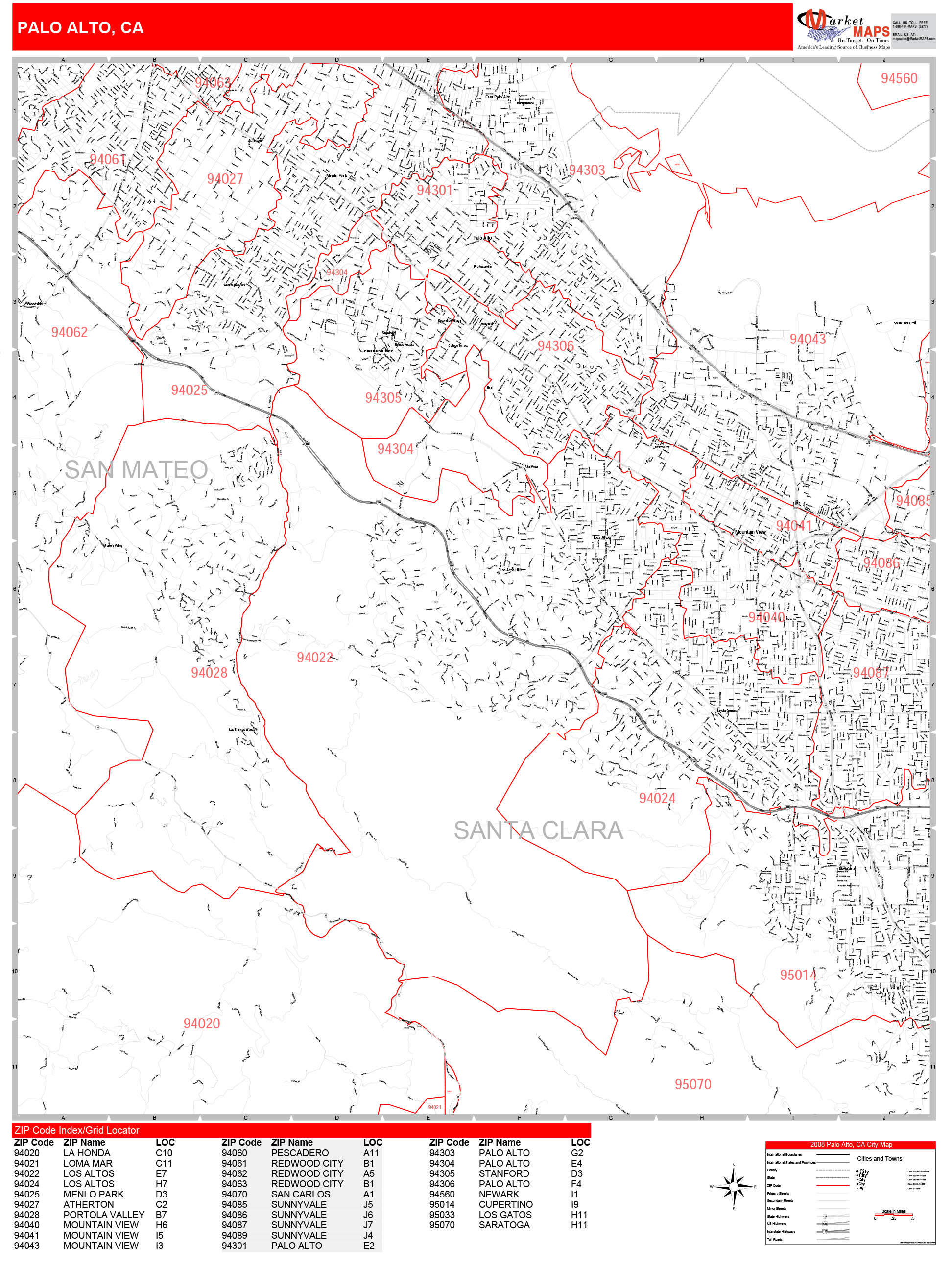 Palo Alto California Zip Code Wall Map Red Line Style By MarketMAPS