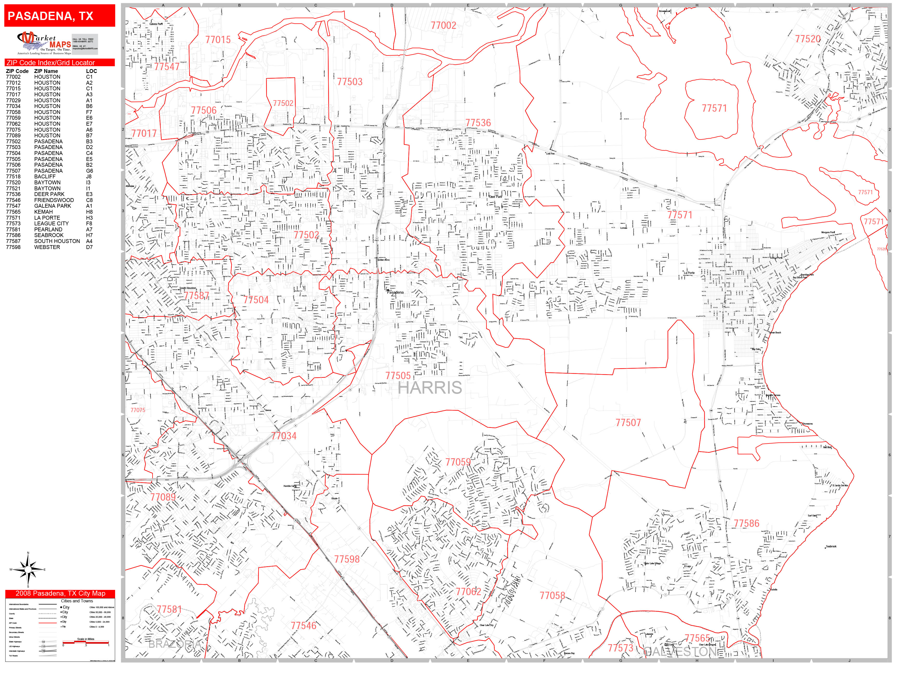 Pasadena Texas Zip Code Wall Map (Red Line Style) by MarketMAPS - MapSales