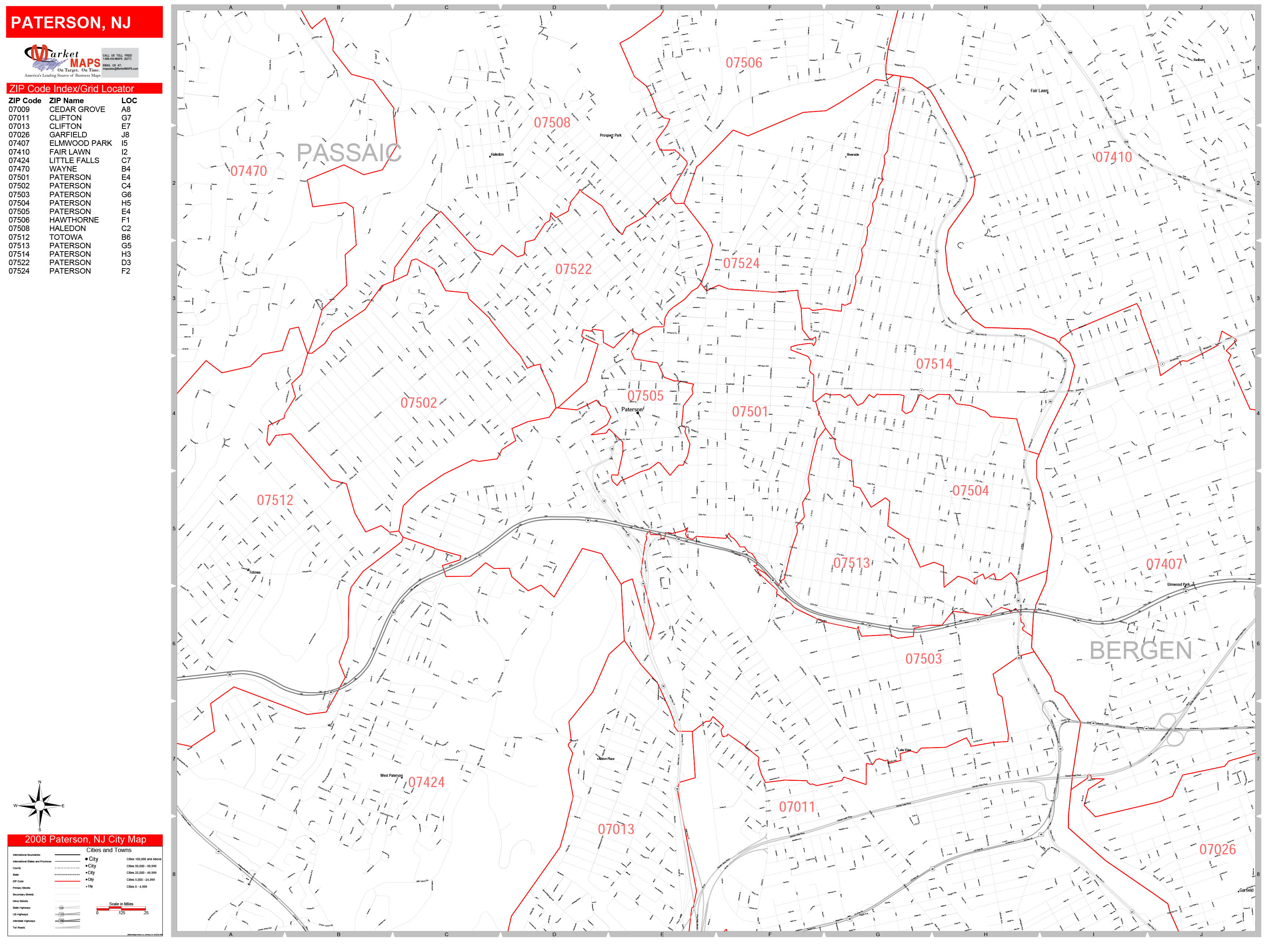Paterson New Jersey Zip Code Wall Map (Red Line Style) by MarketMAPS