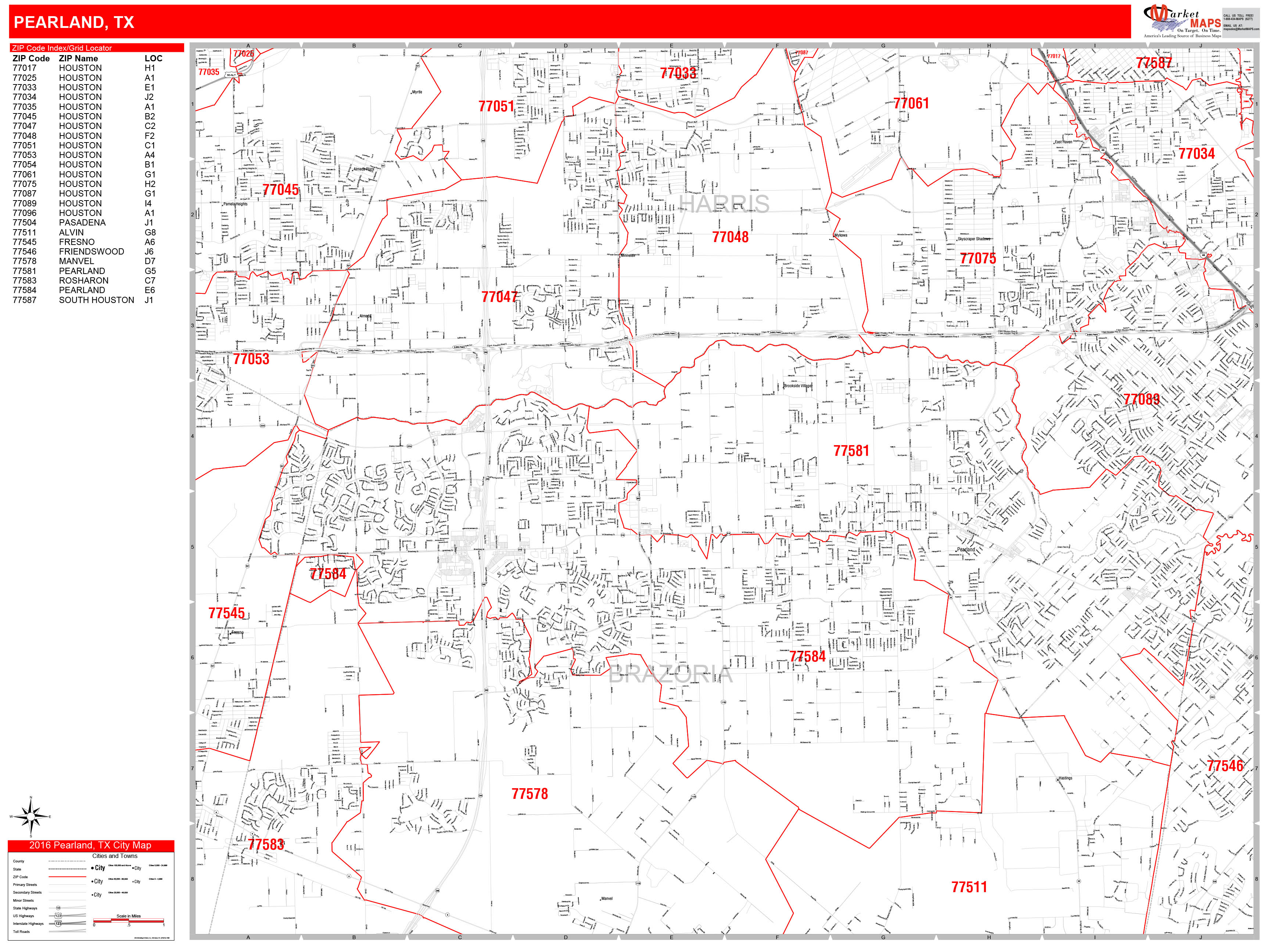 Pearland Texas Zip Code Wall Map Red Line Style By Marketmaps Mapsales