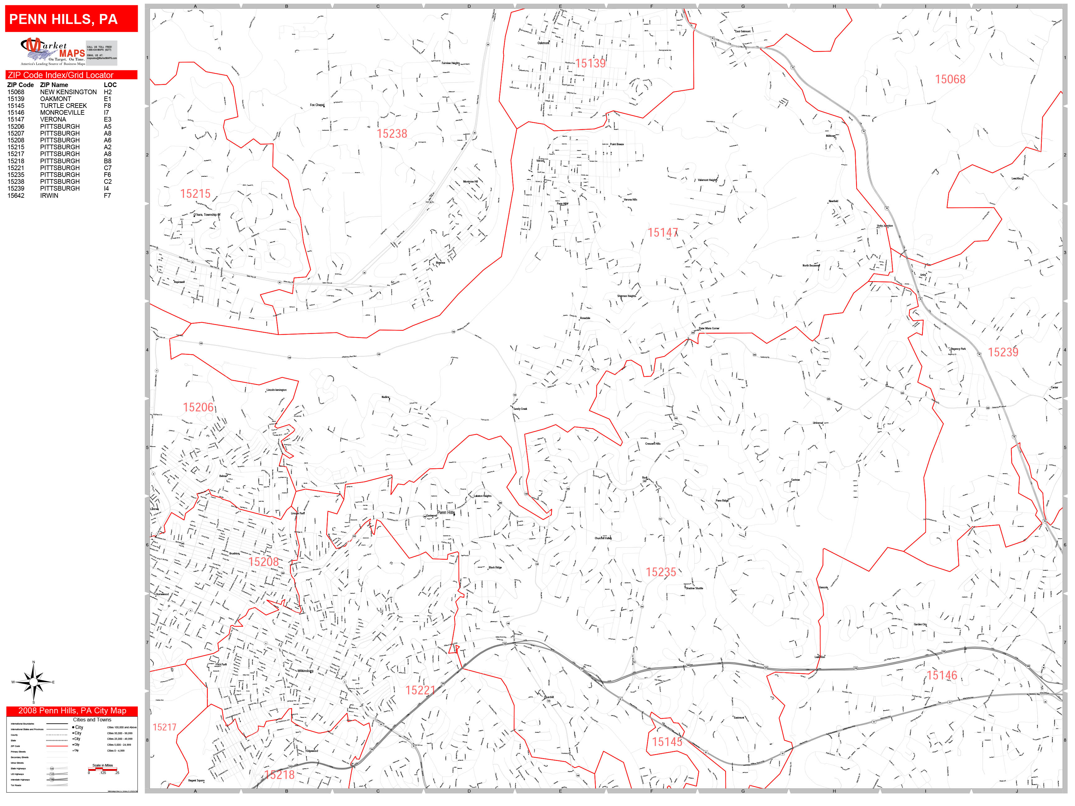 Penn Hills Pennsylvania Zip Code Wall Map (Red Line Style) by