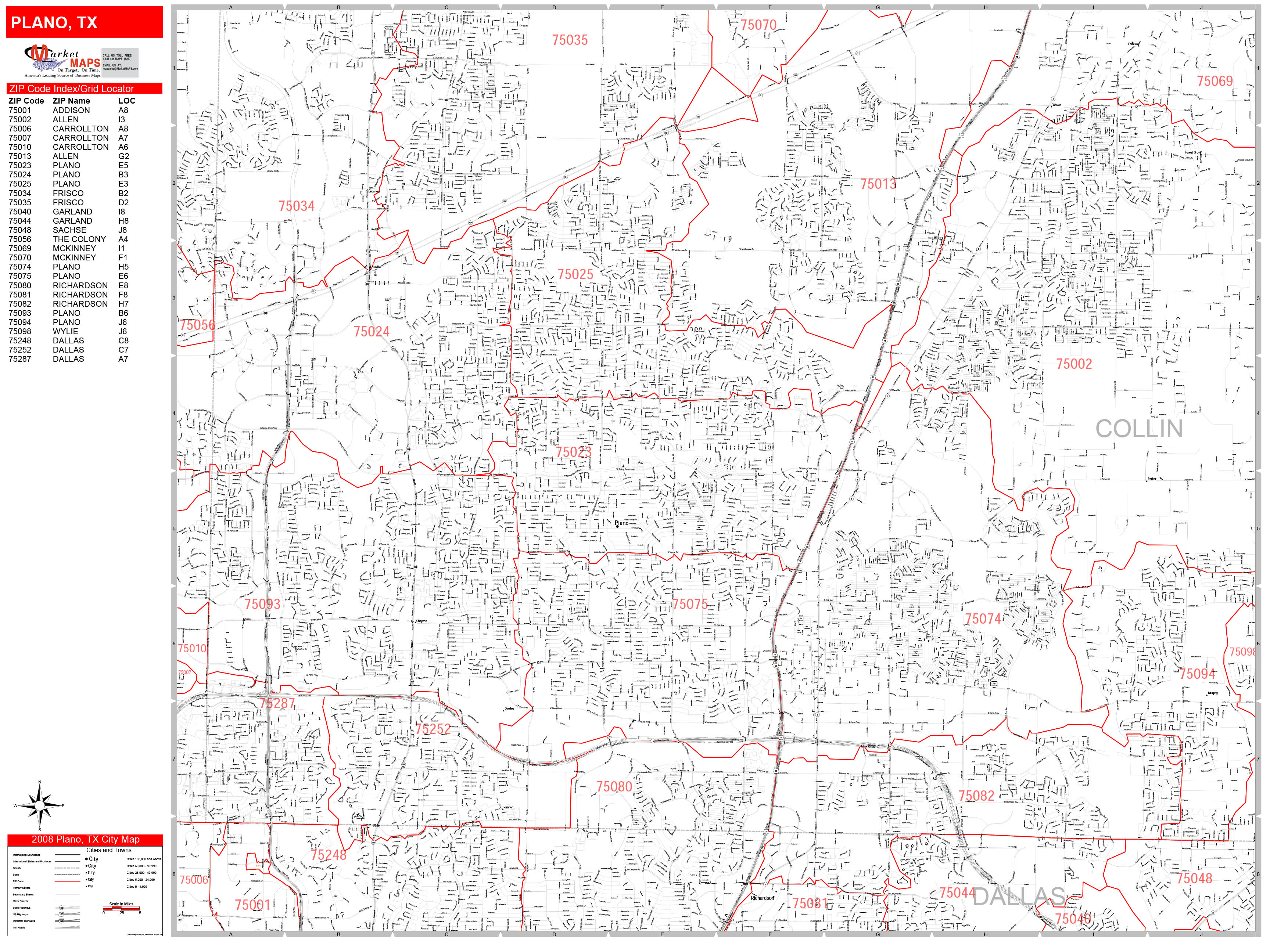 Plano Texas Zip Code Wall Map Red Line Style By Marketmaps Mapsales