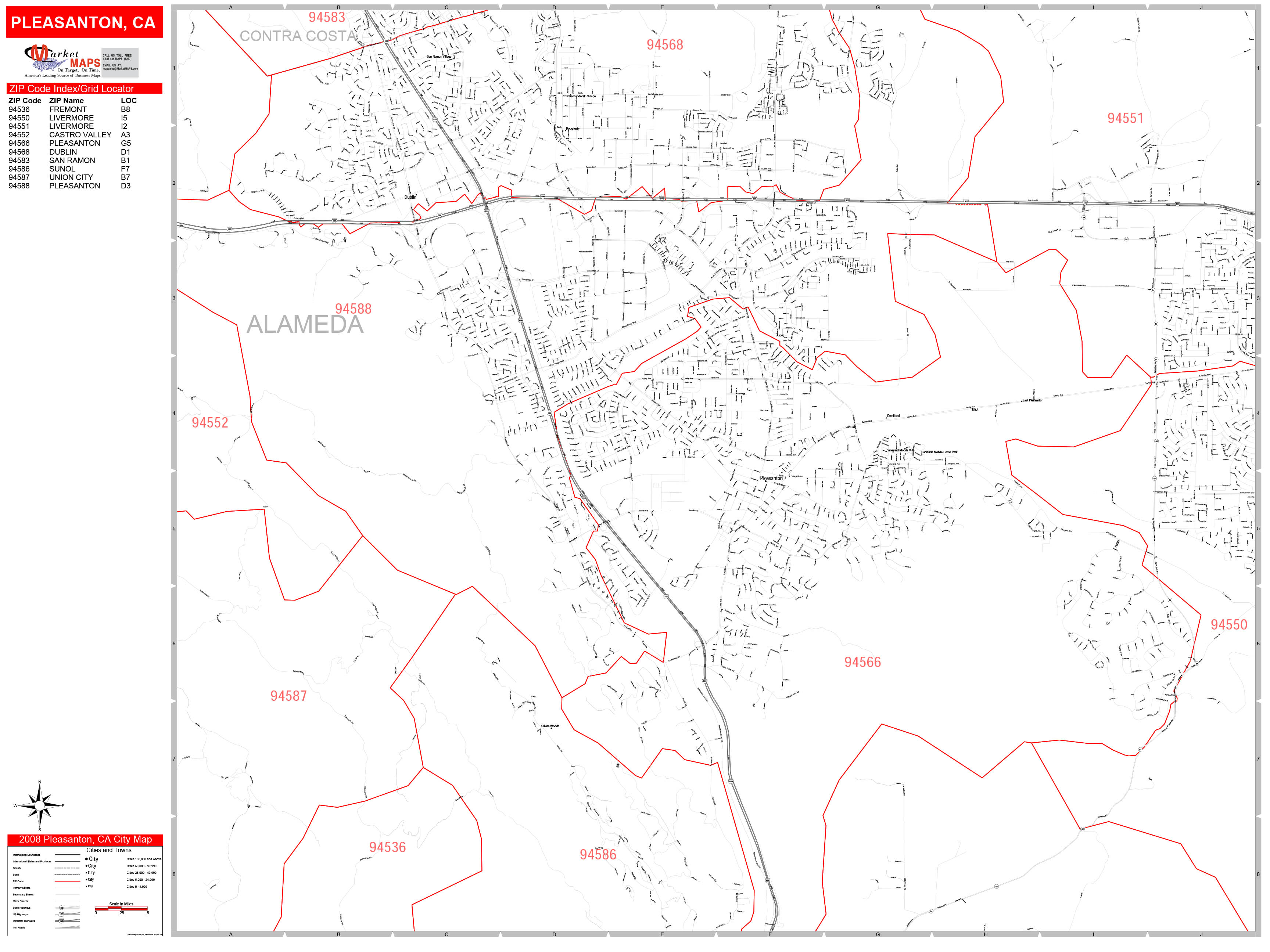 Pleasanton California Zip Code Wall Map (Red Line Style) by MarketMAPS