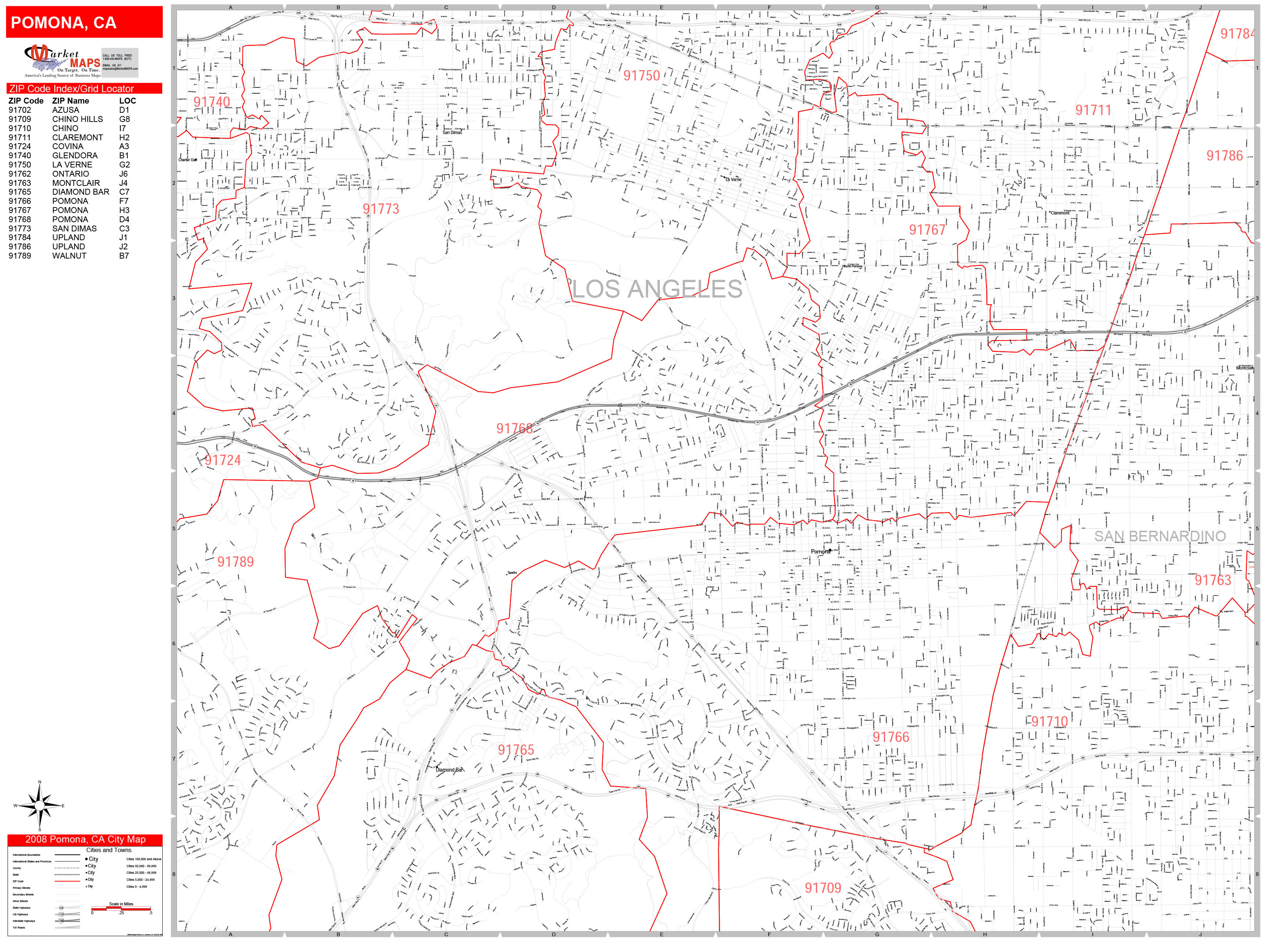 Pomona California Zip Code Wall Map (Red Line Style) by MarketMAPS