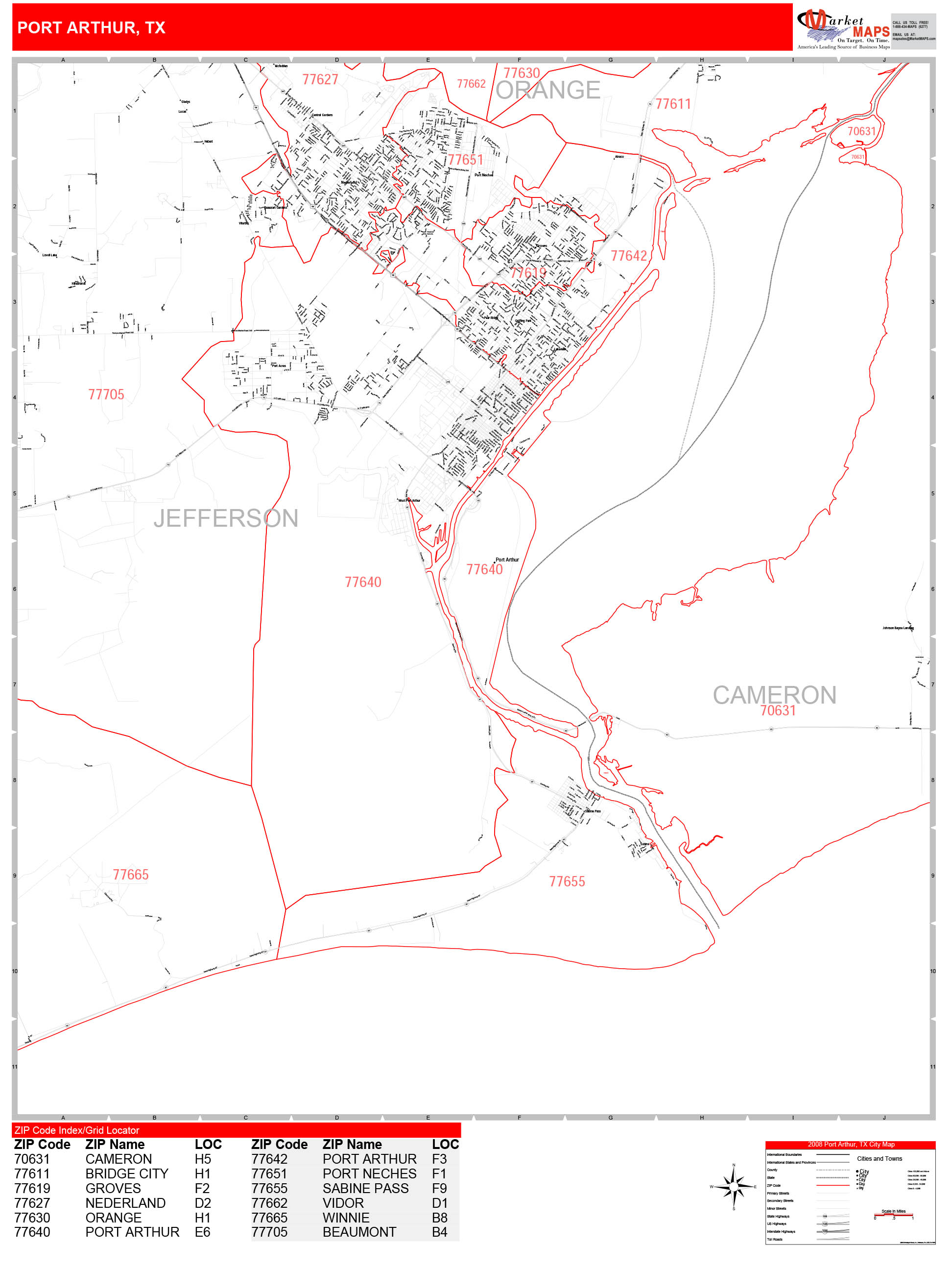 Port Arthur Texas Zip Code Wall Map (Red Line Style) by MarketMAPS