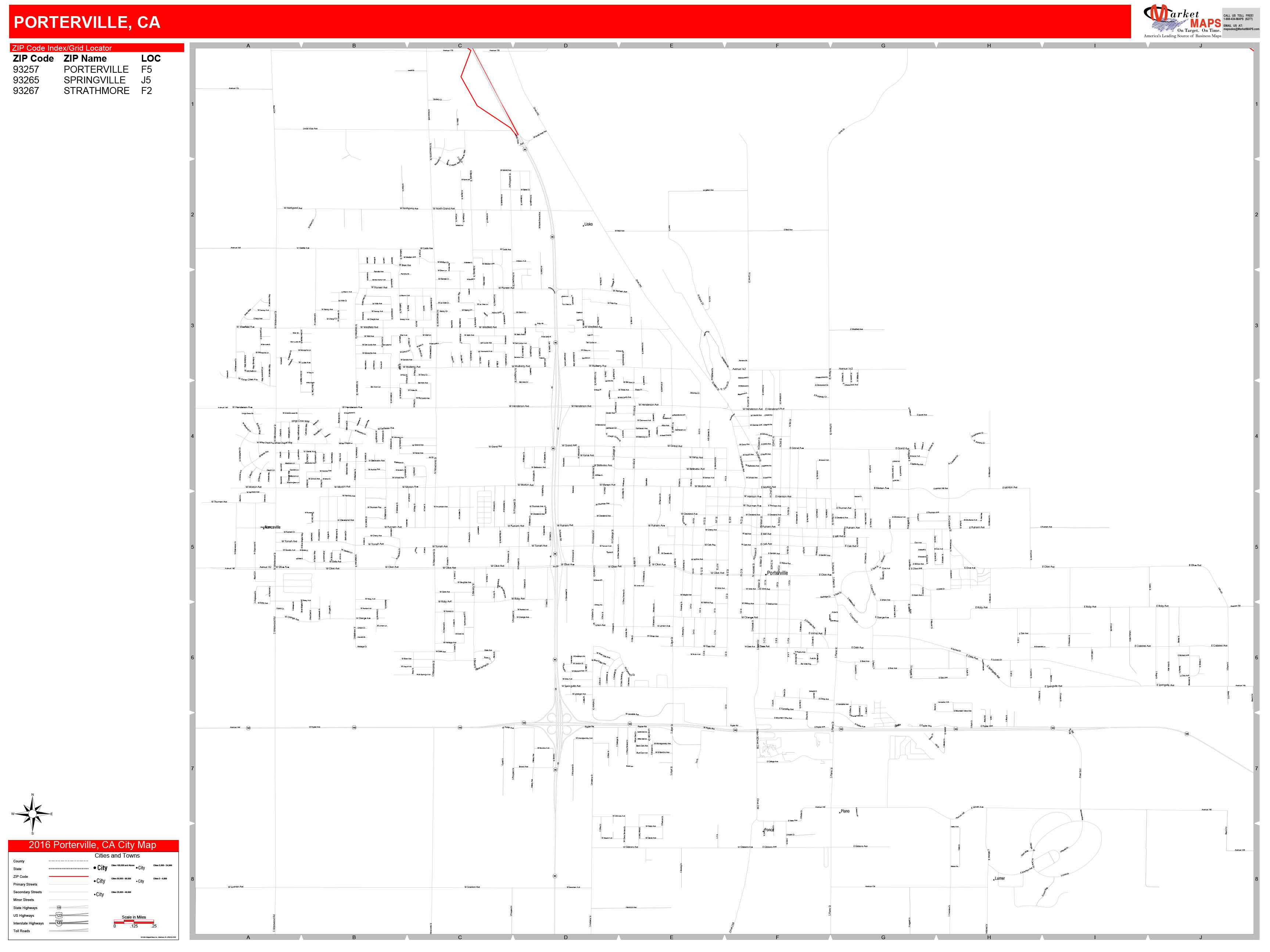Porterville California Zip Code Wall Map (Red Line Style) by MarketMAPS