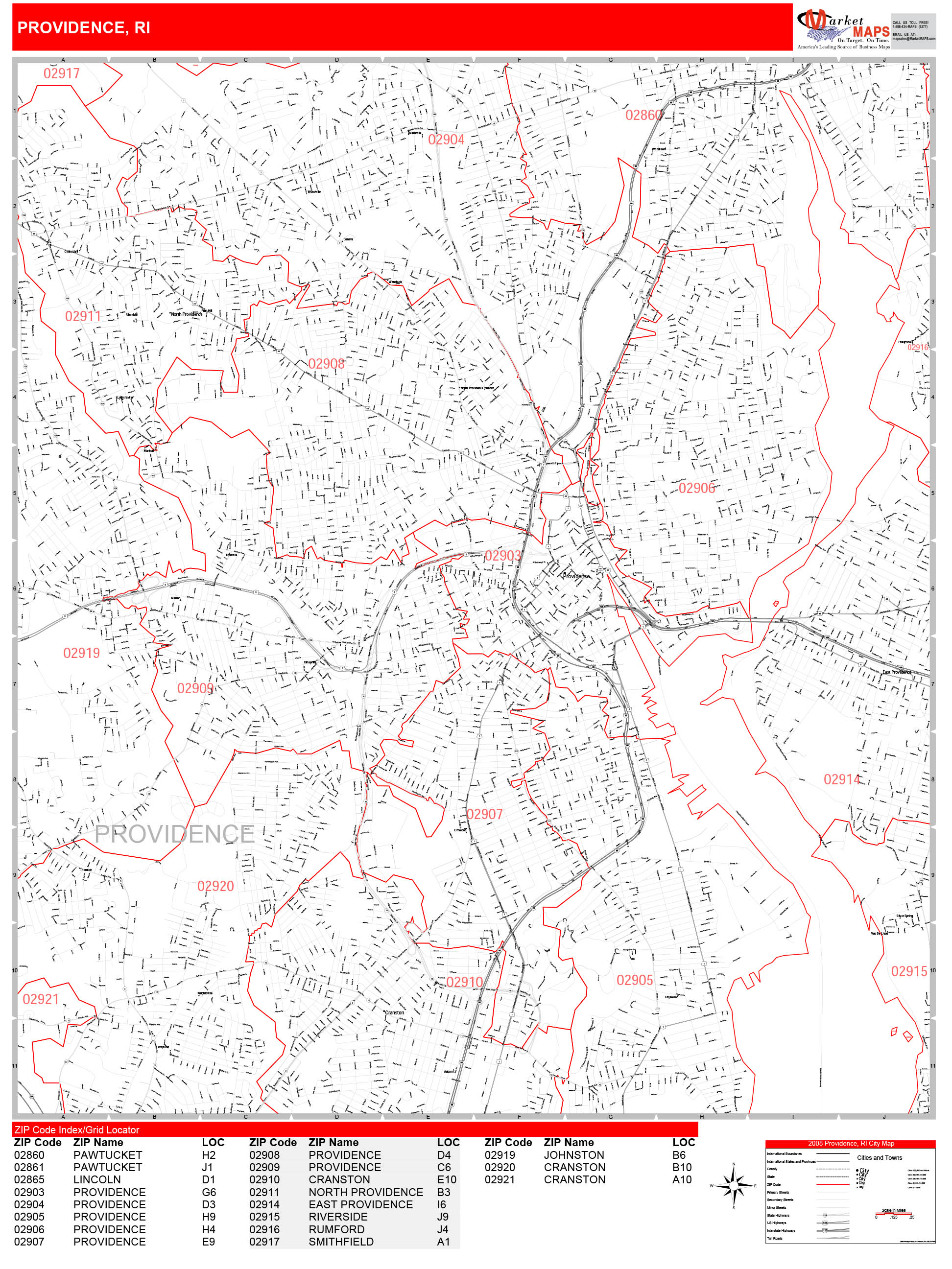 Providence Rhode Island Zip Code Wall Map (Red Line Style) by