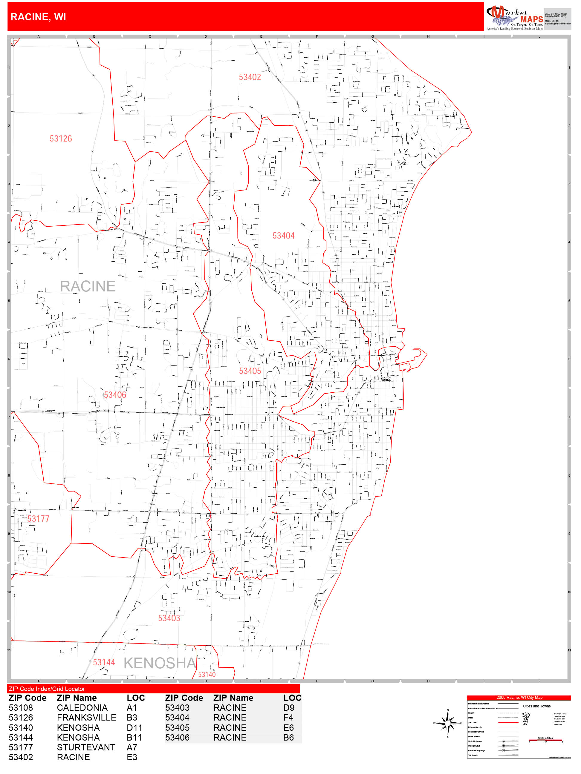 Racine Wisconsin Zip Code Wall Map (Red Line Style) by MarketMAPS