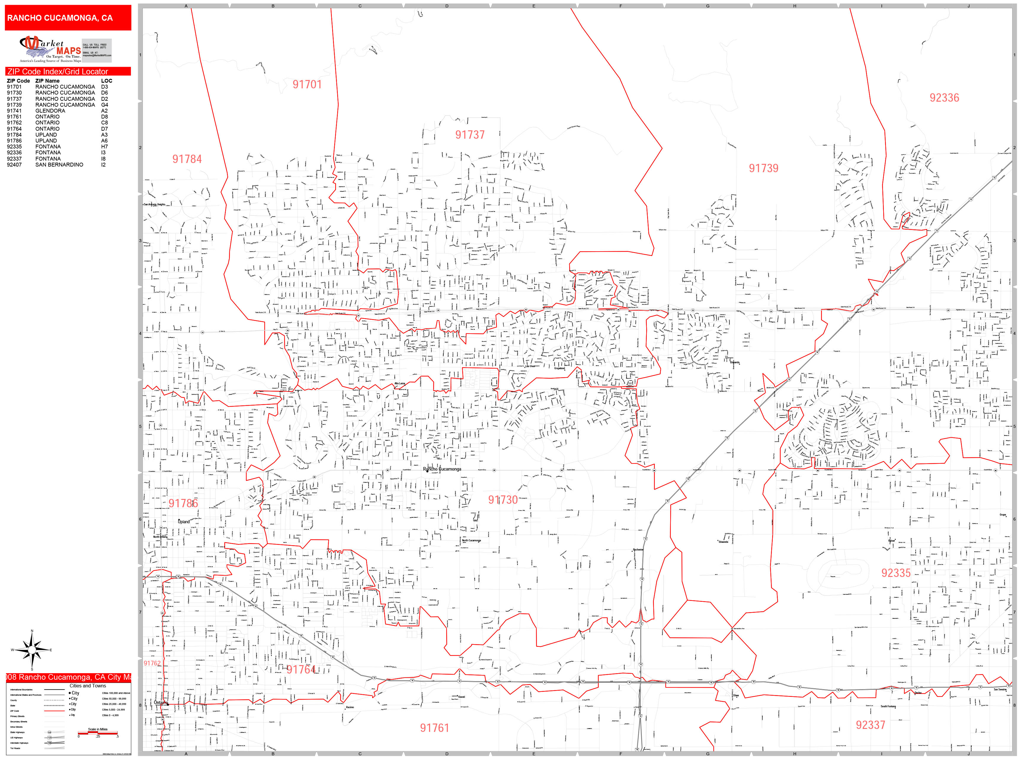 Rancho Cucamonga California Zip Code Wall Map (Red Line Style) by