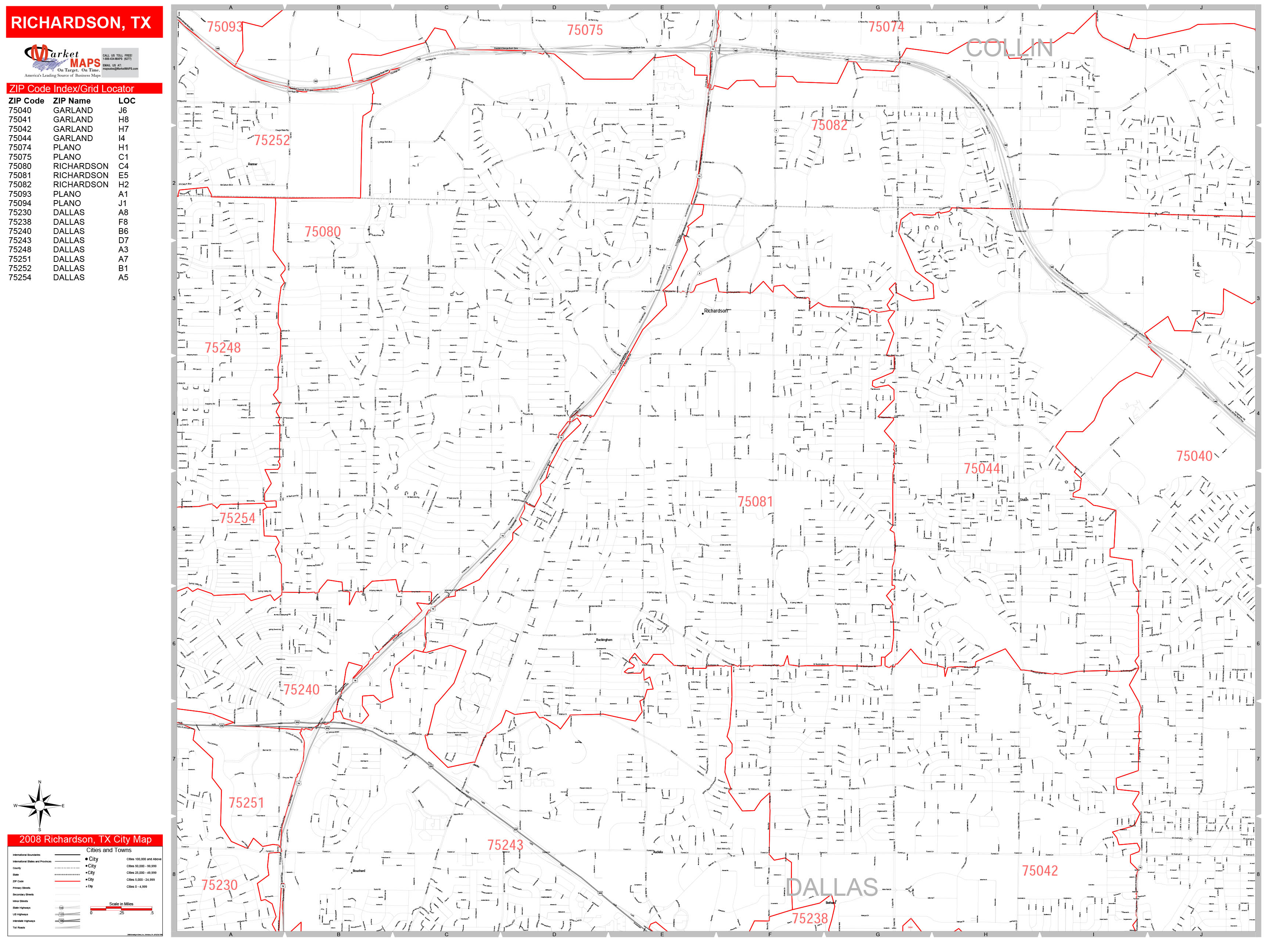 Richardson Texas Zip Code Wall Map Red Line Style By Marketmaps