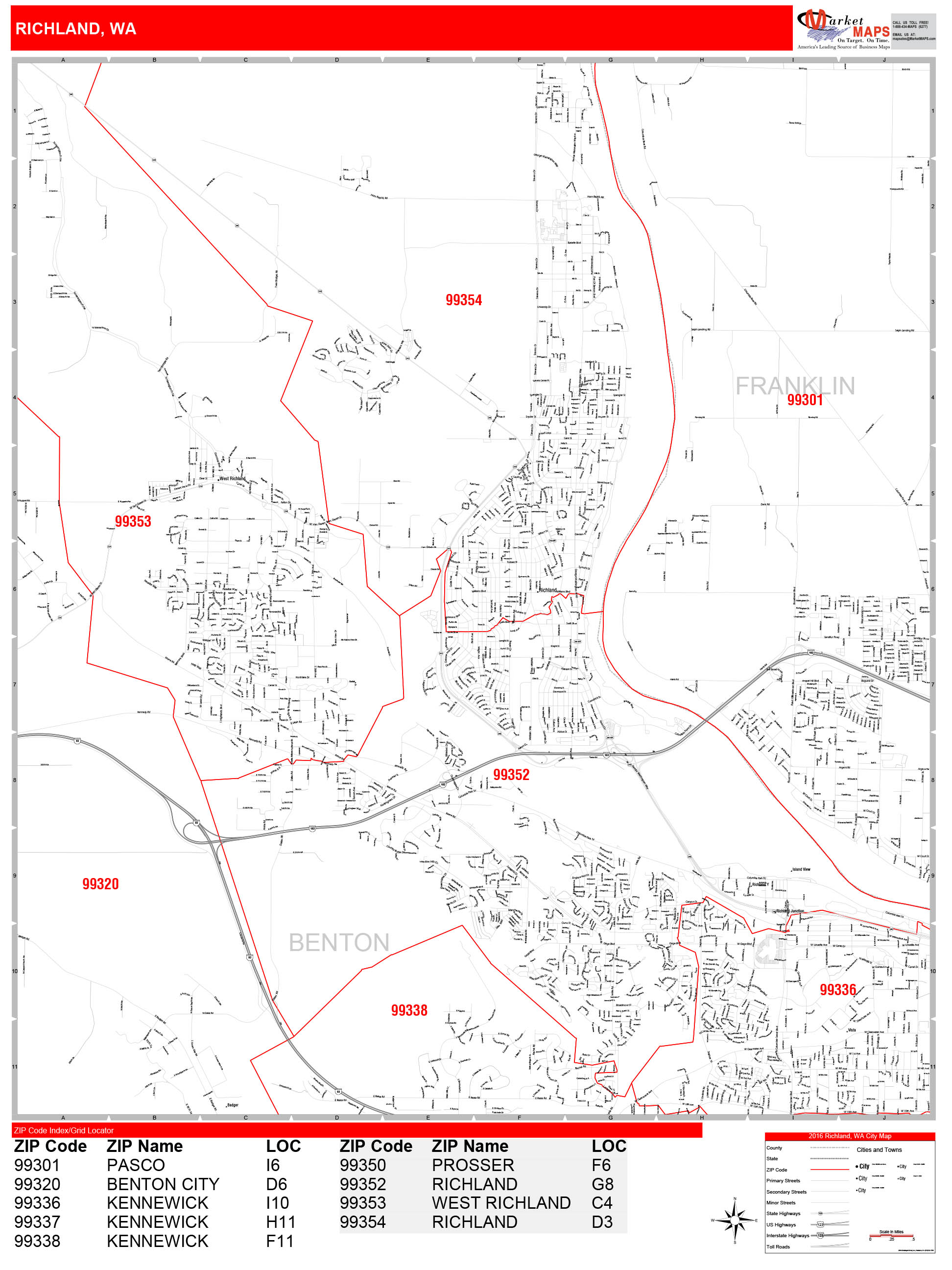 Richland Washington Zip Code Wall Map (Red Line Style) by MarketMAPS MapSales