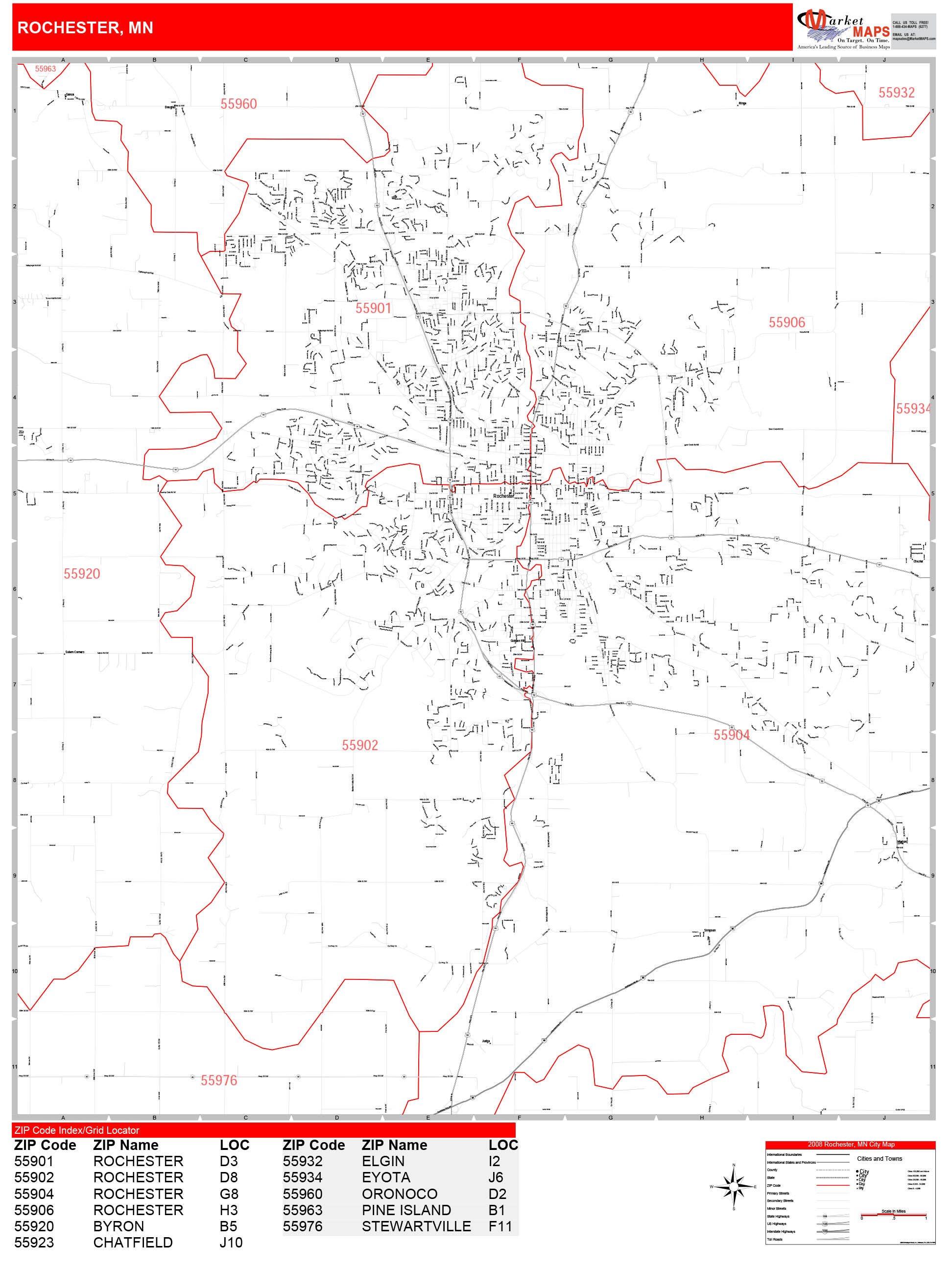 Rochester Minnesota Zip Code Wall Map Red Line Style By Marketmaps