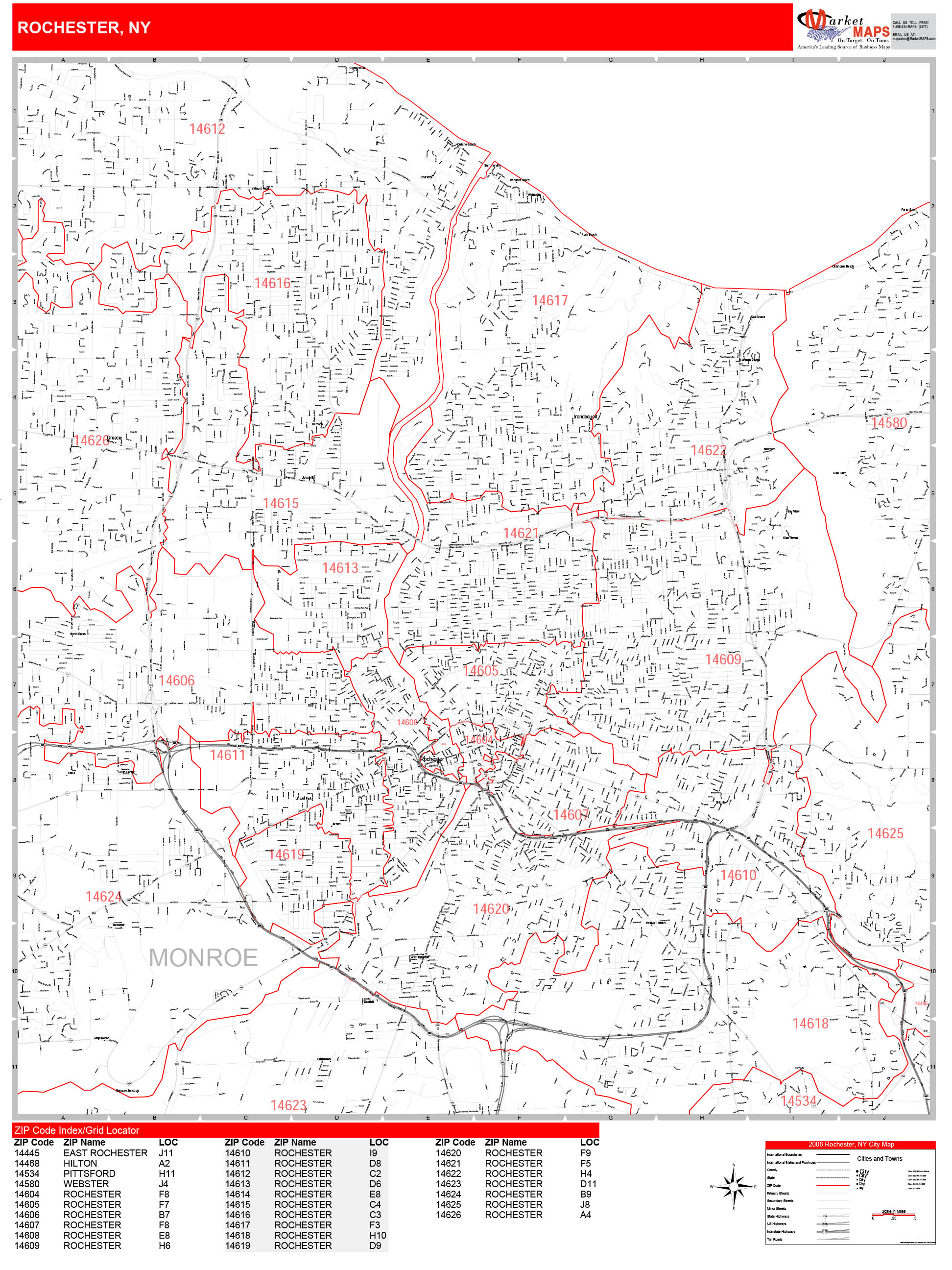 Rochester New York Zip Code Wall Map (Red Line Style) by MarketMAPS