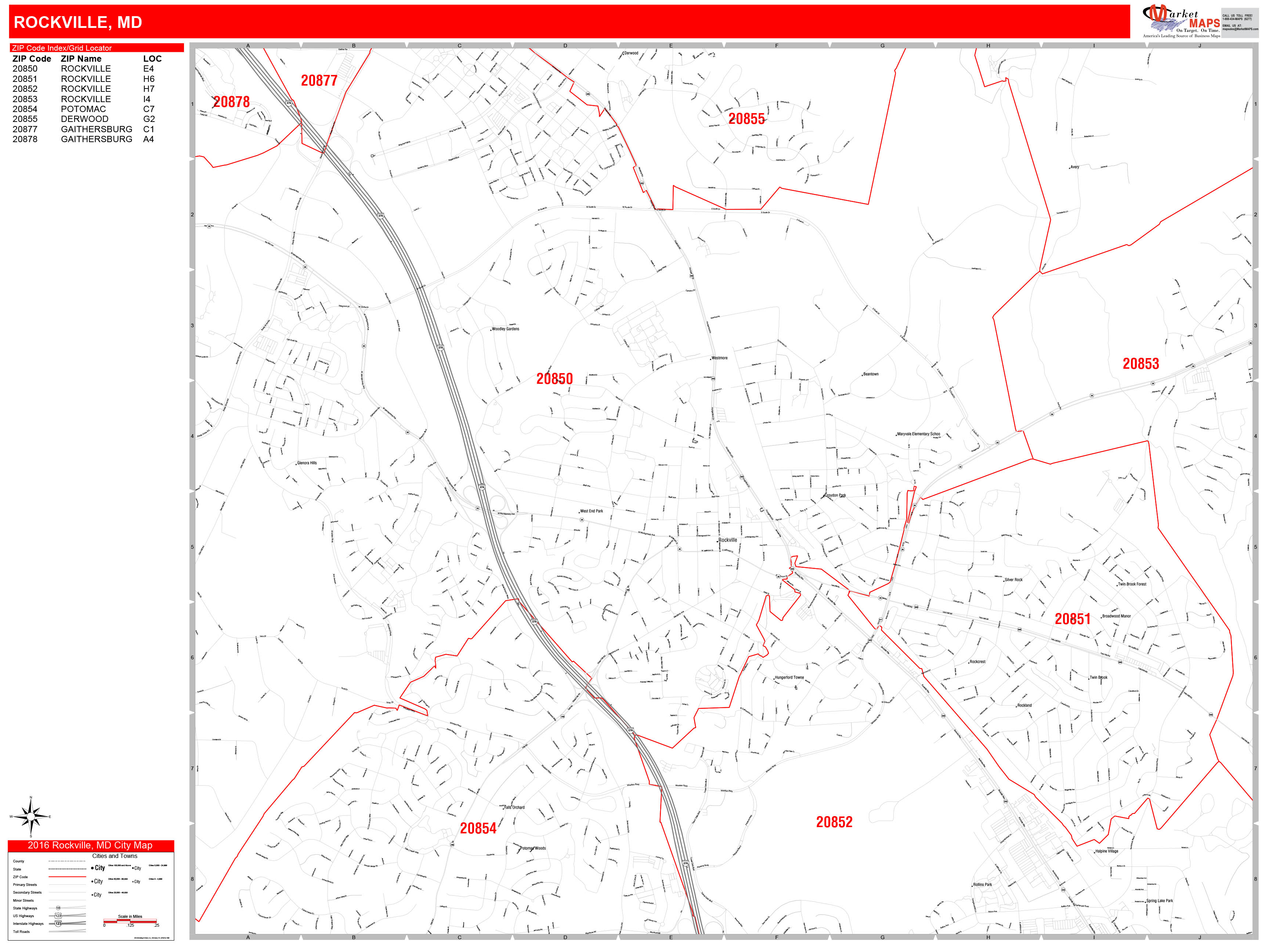 Rockville Maryland Zip Code Wall Map Red Line Style By Marketmaps