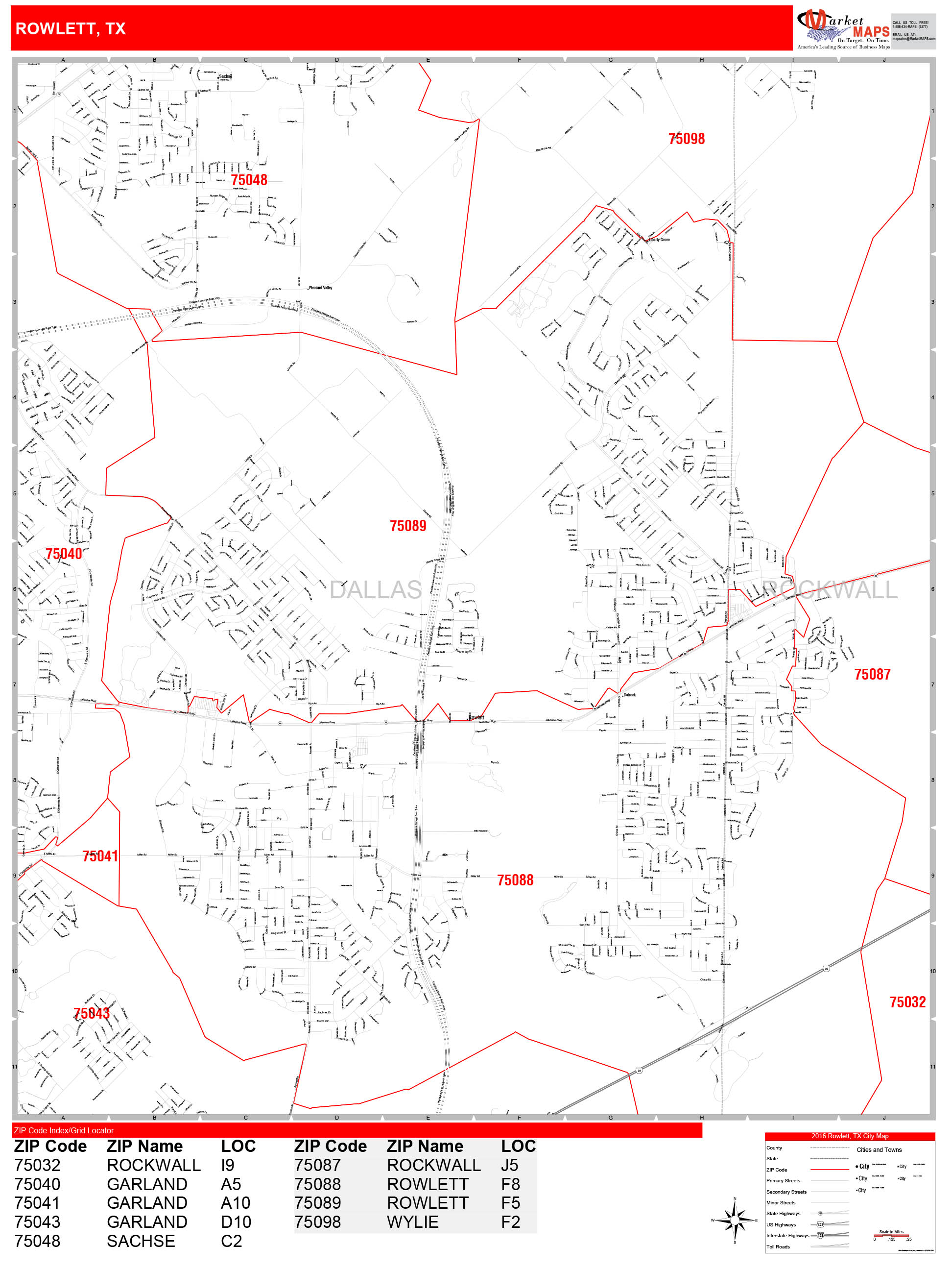 Rowlett Texas Zip Code Wall Map Red Line Style By Marketmaps Mapsales