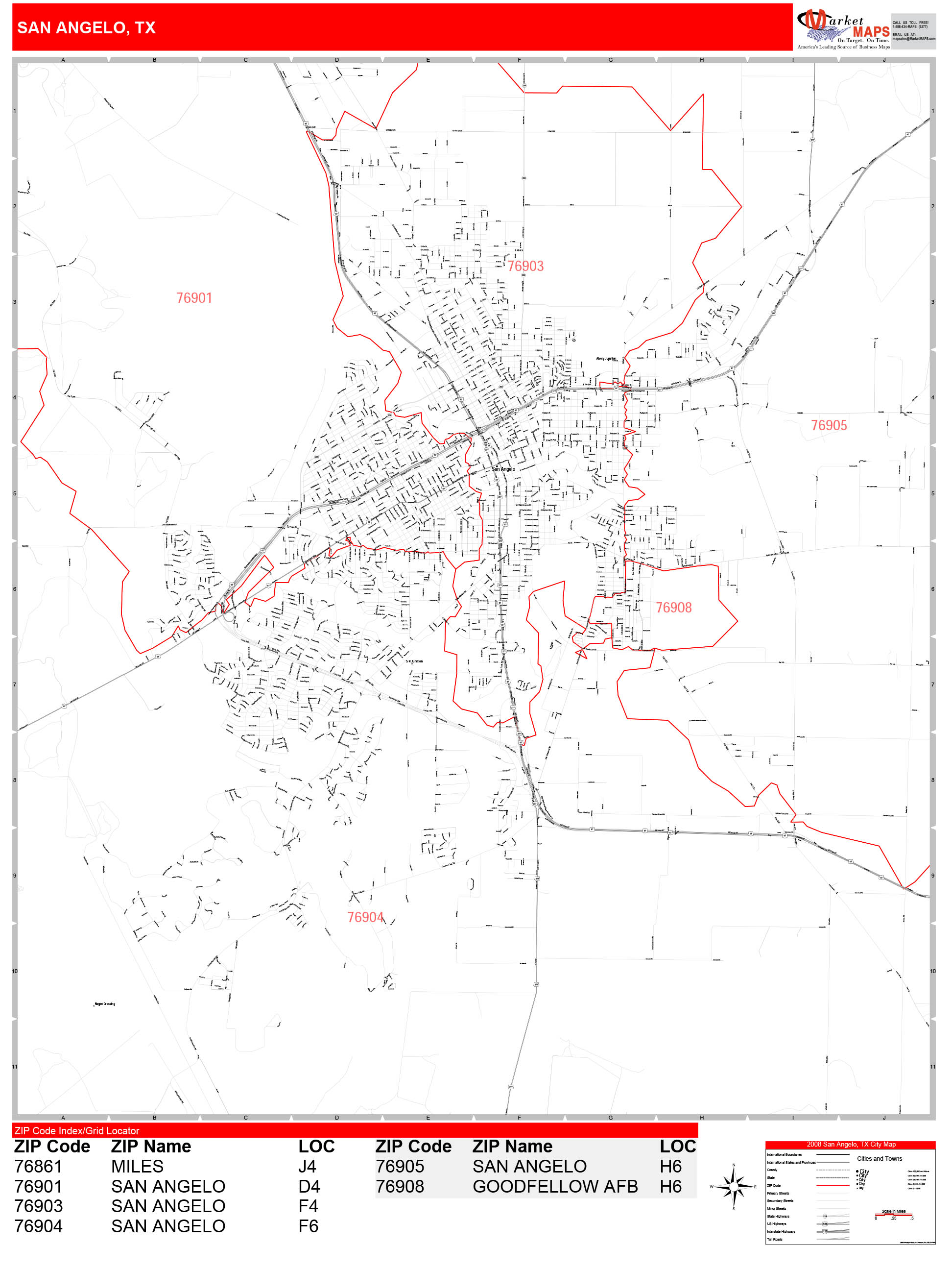San Angelo Texas Zip Code Wall Map (Red Line Style) by MarketMAPS