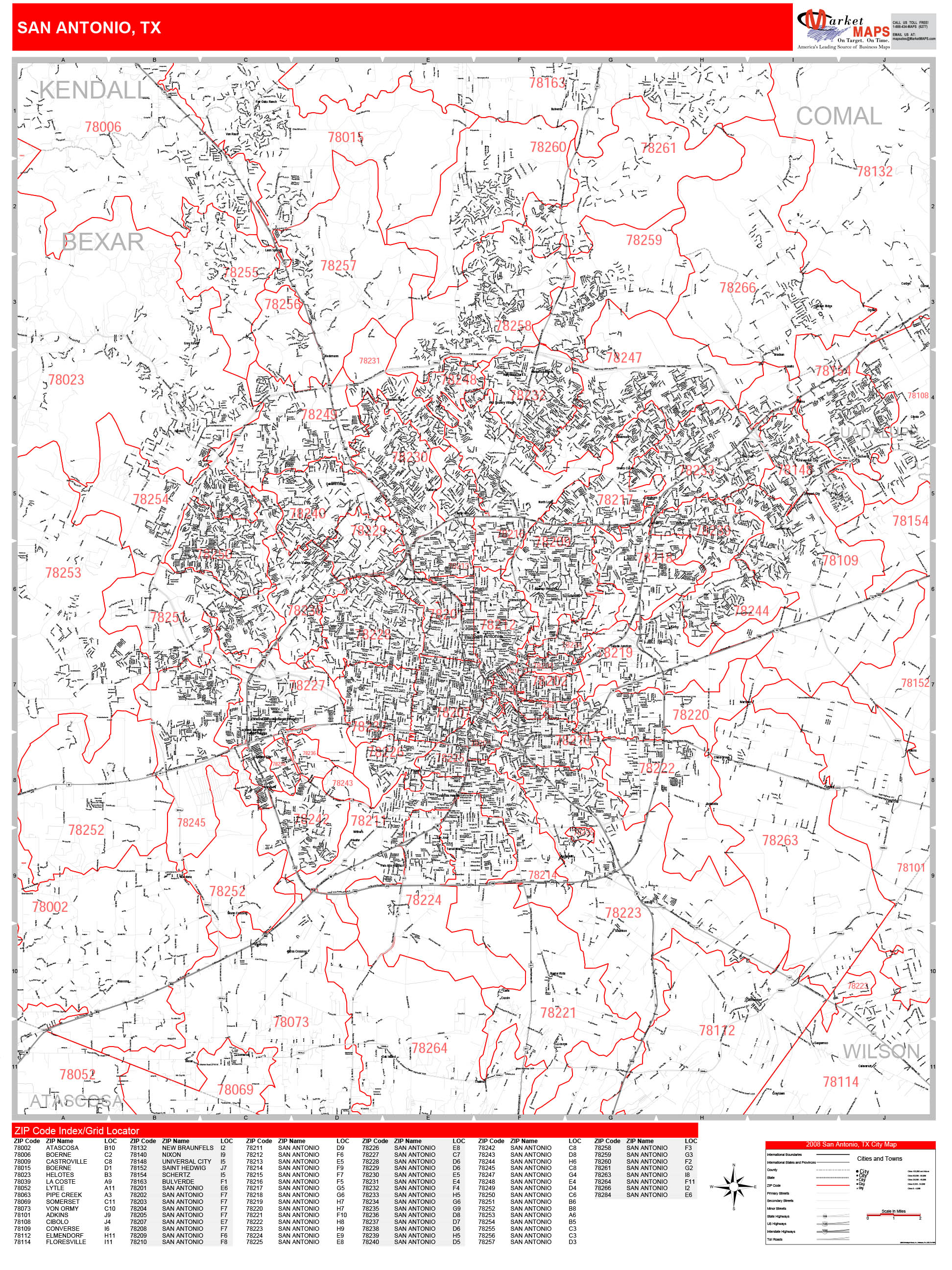 San Antonio Texas Zip Code Wall Map (Red Line Style) by MarketMAPS