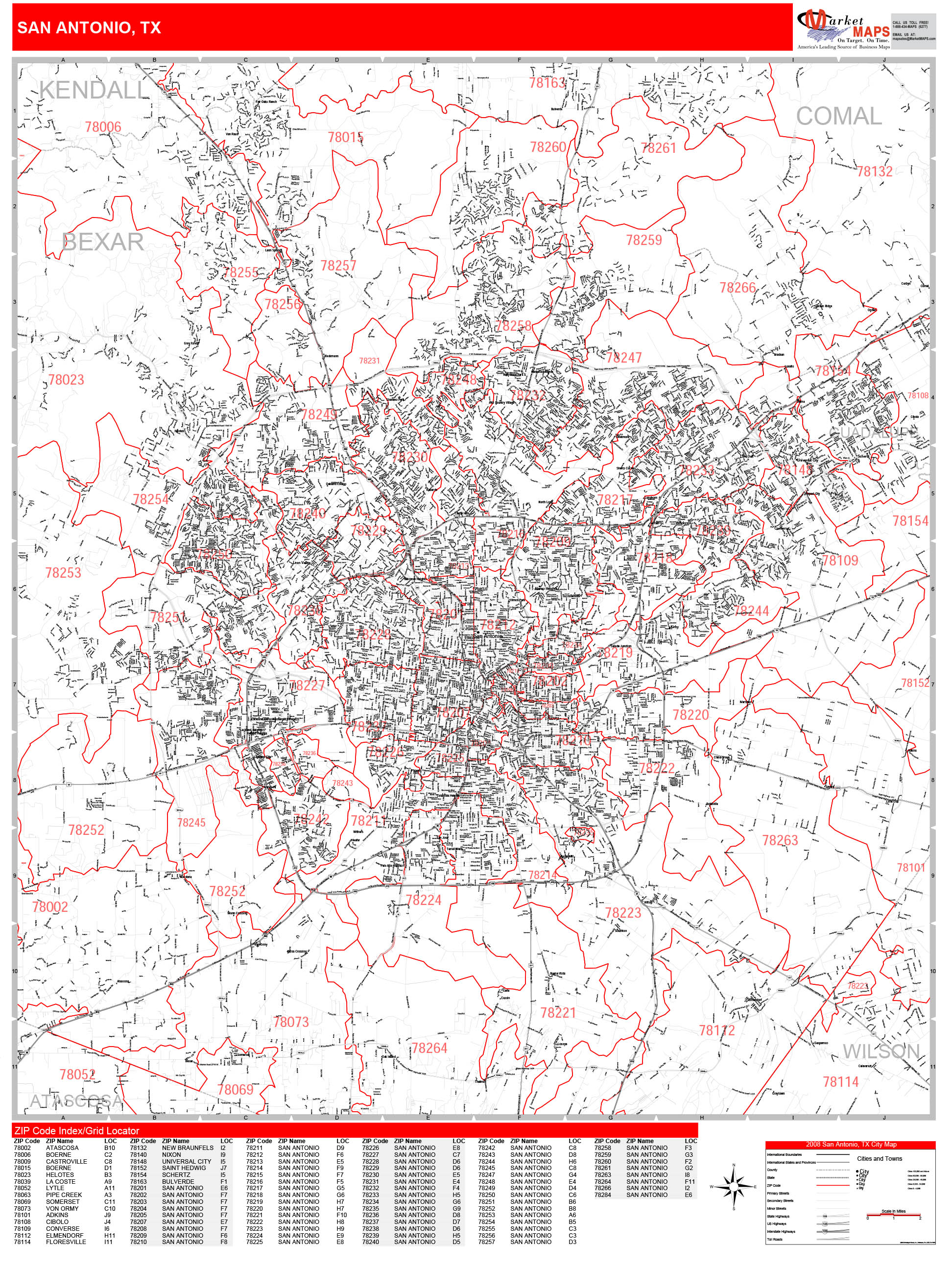 San Antonio Texas Zip Code Wall Map Red Line Style By Marketmaps