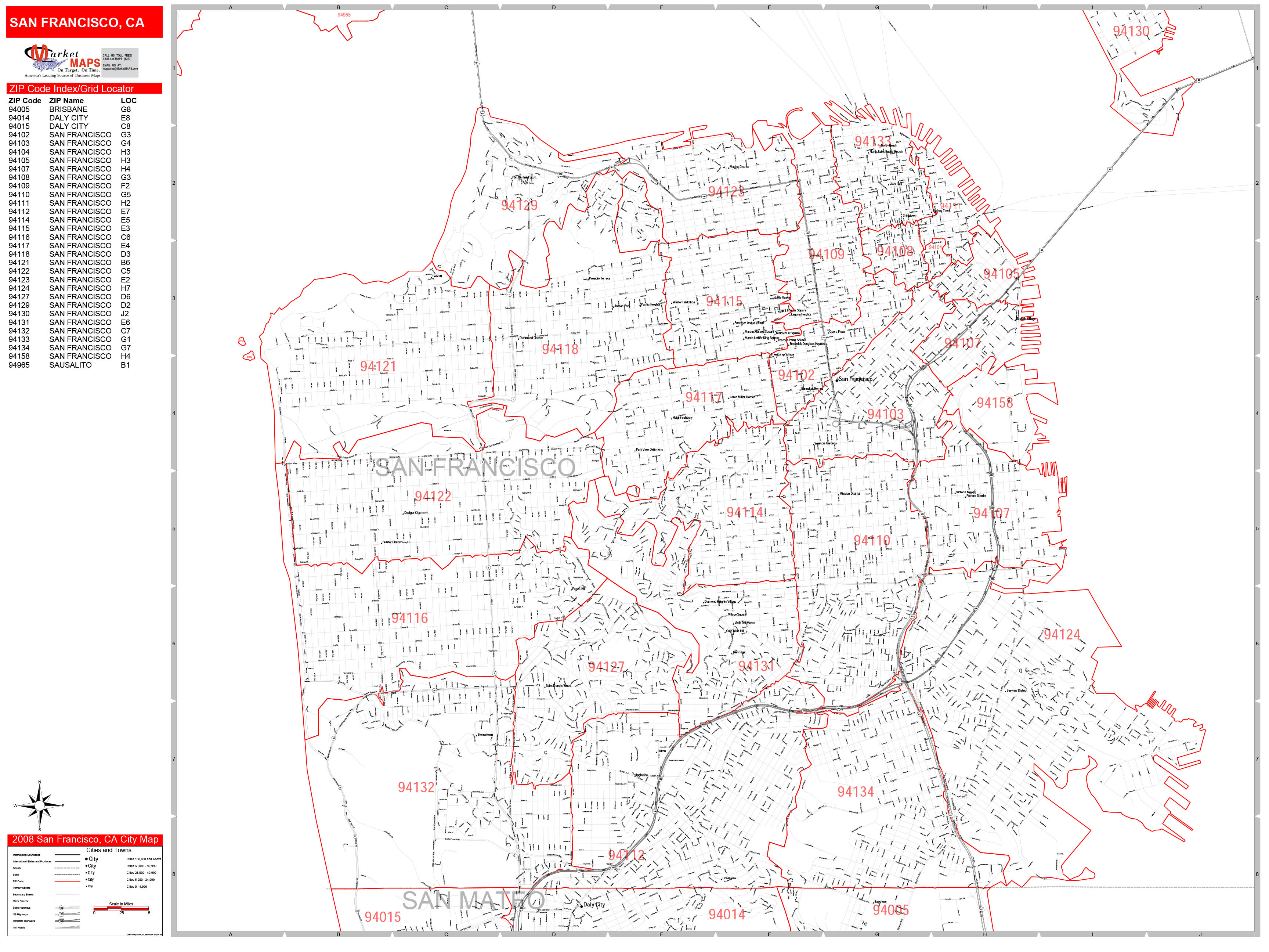 San Francisco California Zip Code Wall Map (Red Line Style) by MarketMAPS