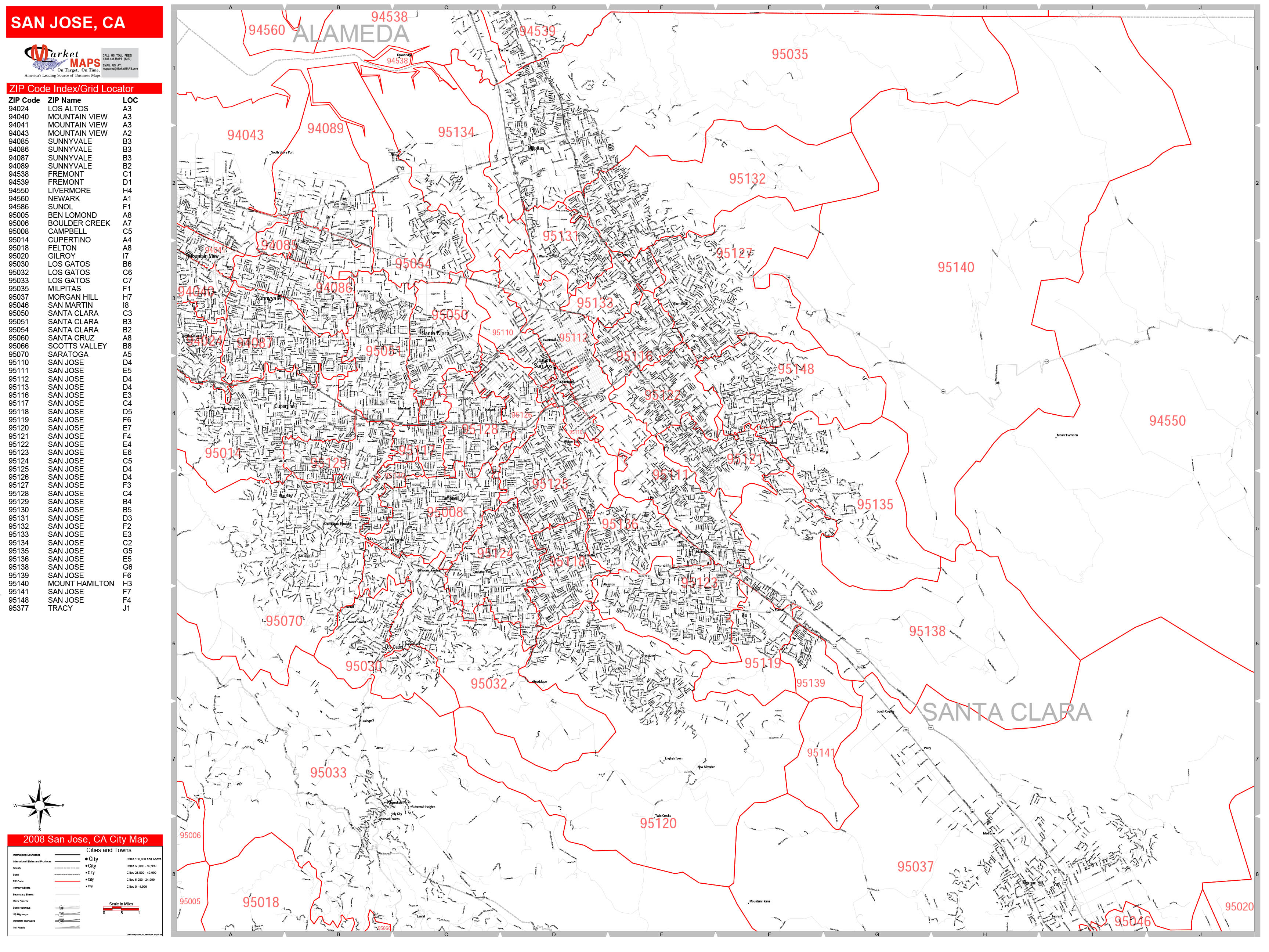 San Jose California Zip Code Wall Map (Red Line Style) by MarketMAPS MapSales