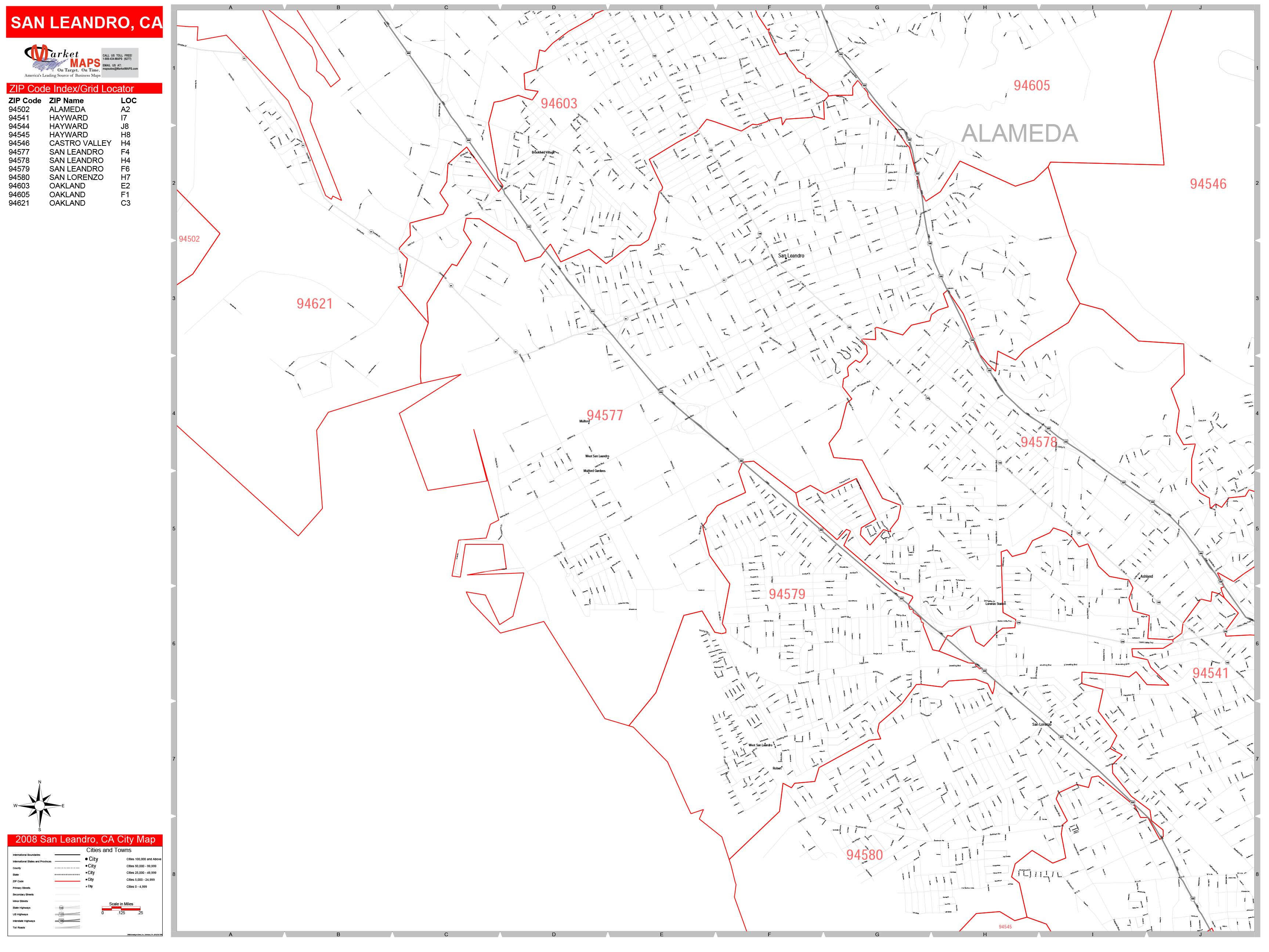 San Leandro California Zip Code Wall Map (Red Line Style) by MarketMAPS