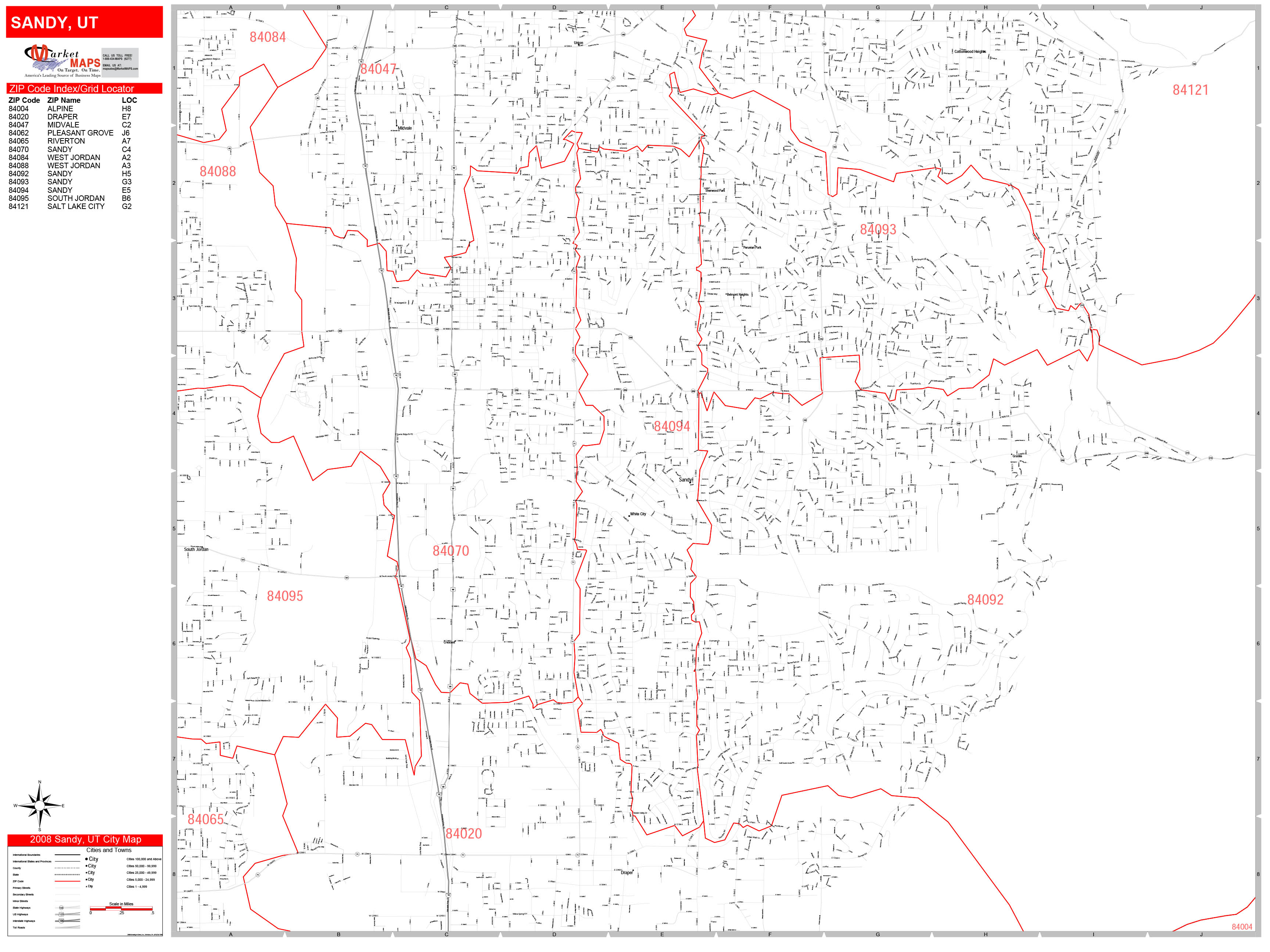 Sandy Utah Zip Code Wall Map (Red Line Style) by MarketMAPS