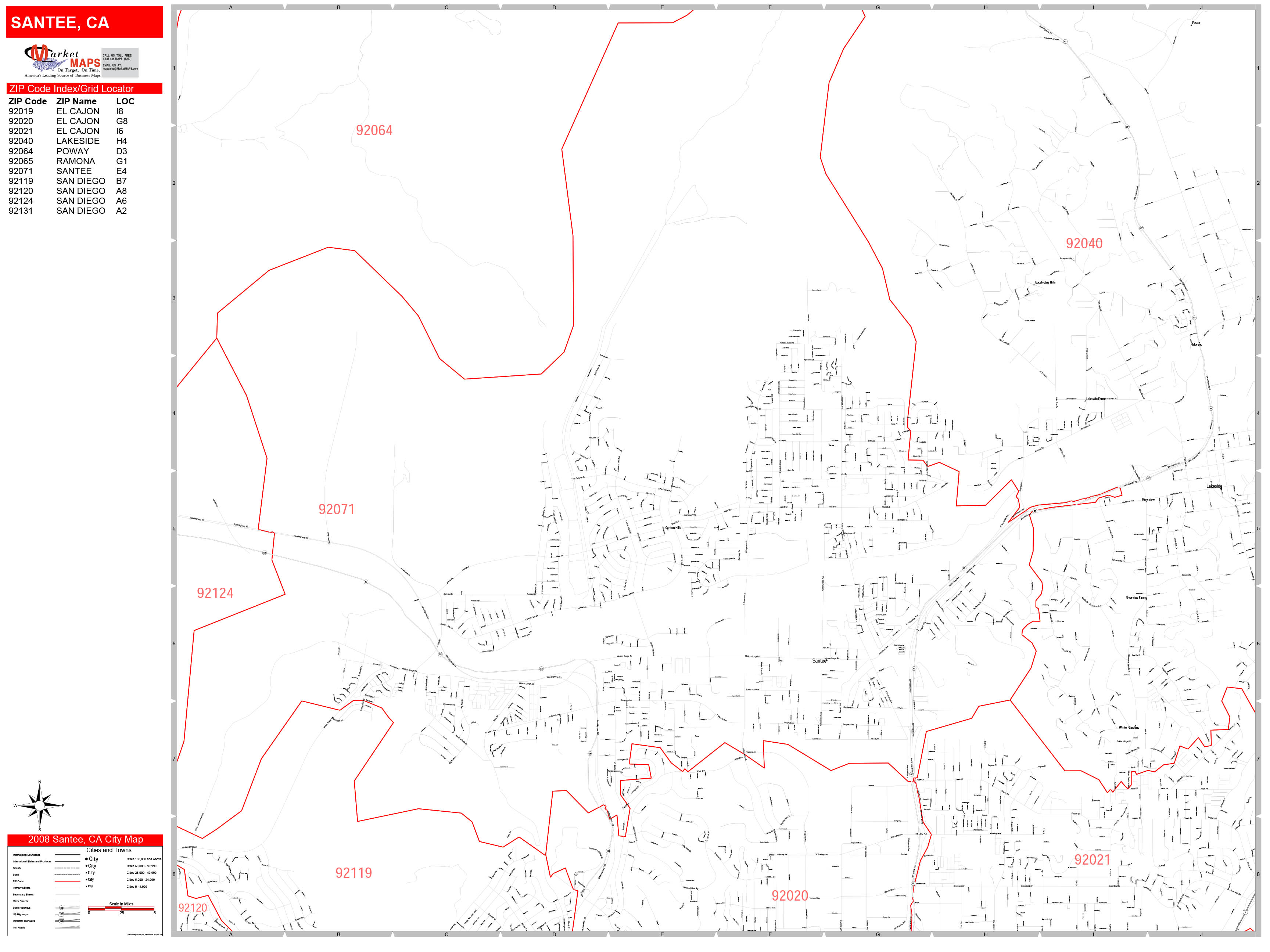 Santee California Zip Code Wall Map Red Line Style by MarketMAPS