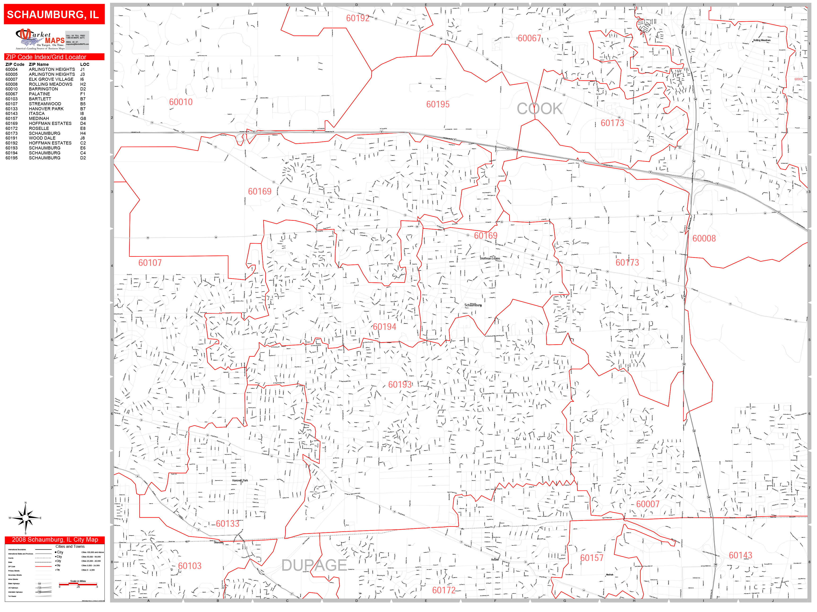 Schaumburg Illinois Zip Code Wall Map (Red Line Style) by MarketMAPS MapSales