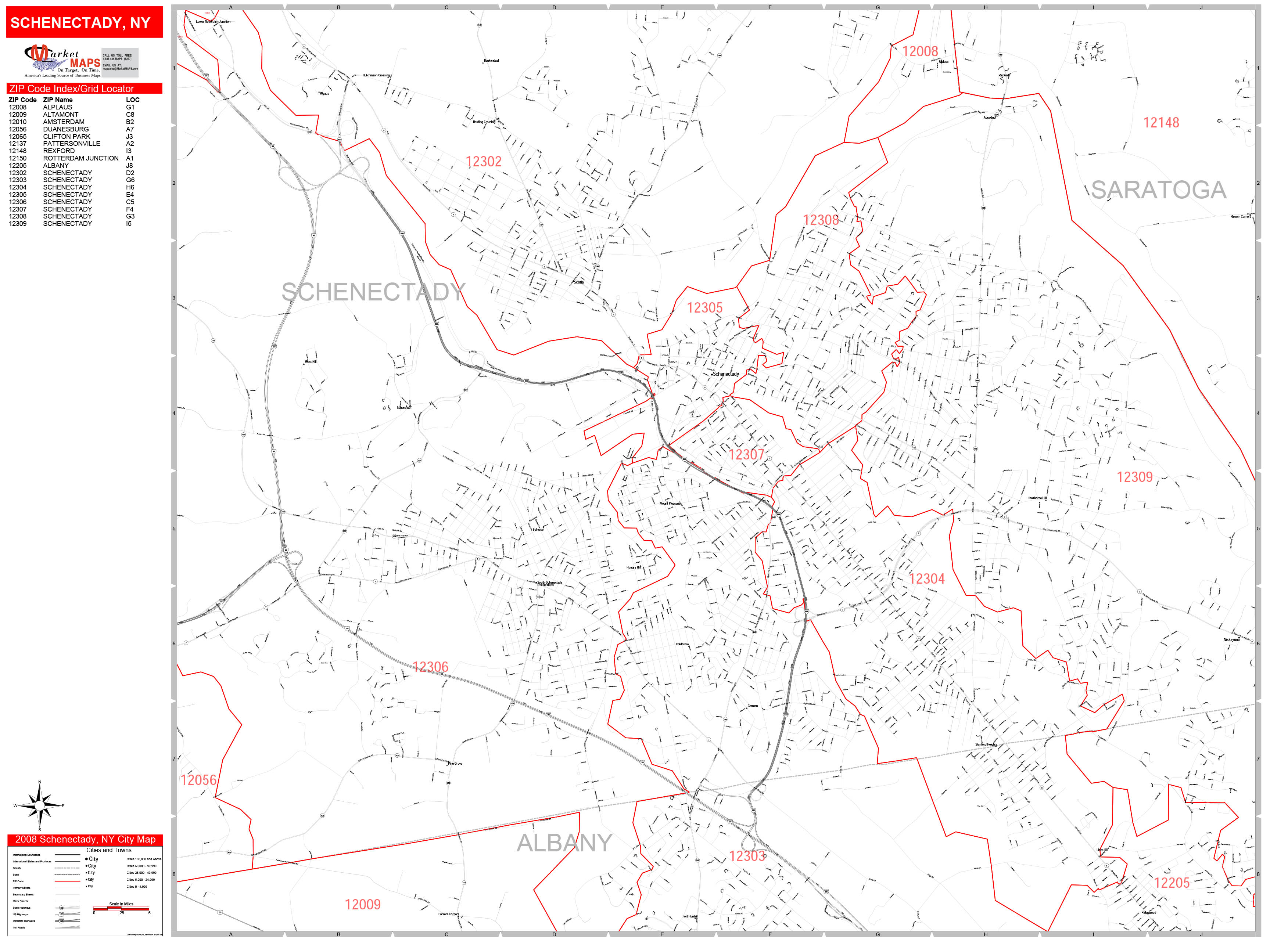 Schenectady New York Zip Code Wall Map (Red Line Style) by MarketMAPS