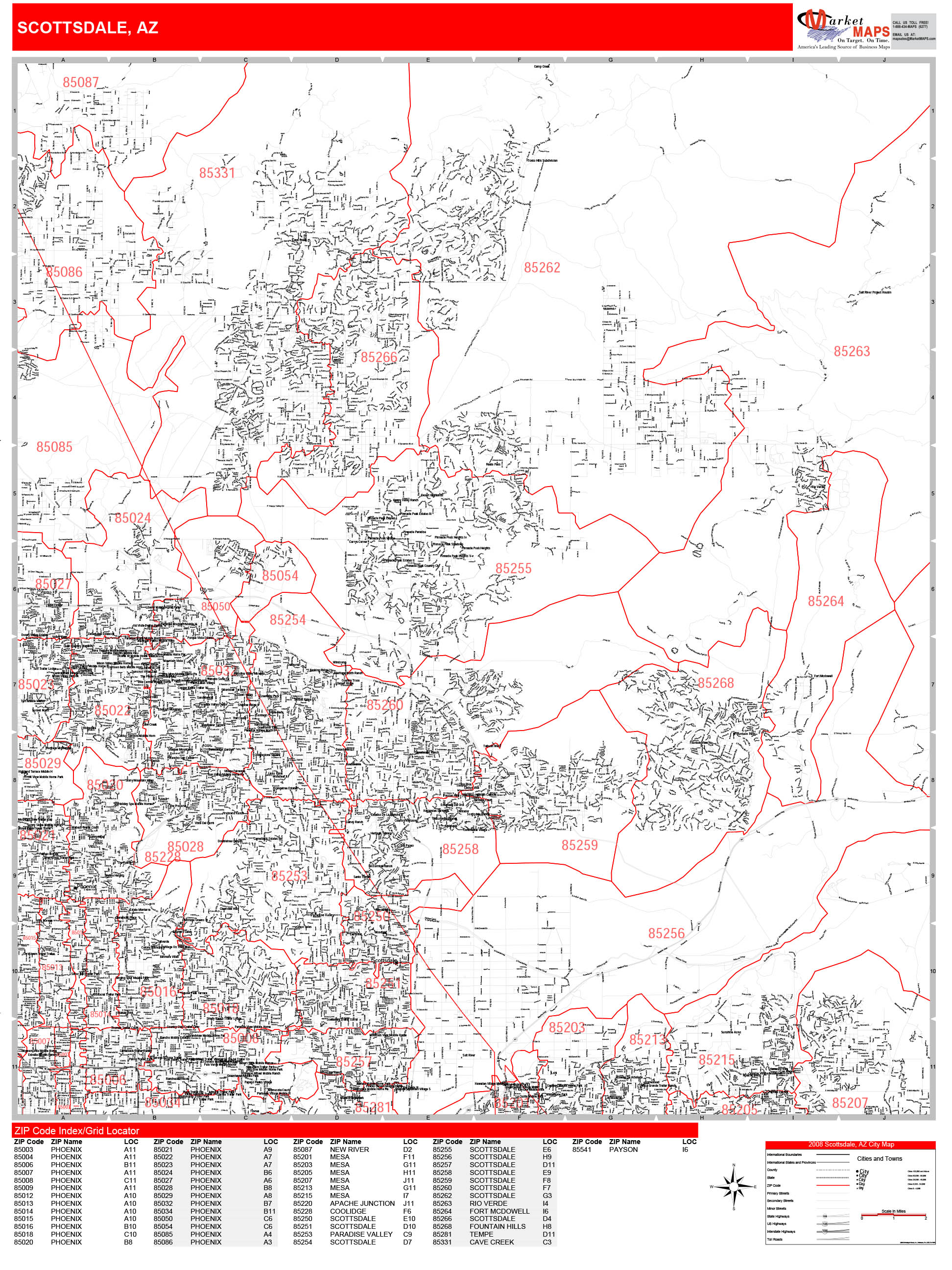 Scottsdale Arizona Zip Code Wall Map (Red Line Style) by MarketMAPS