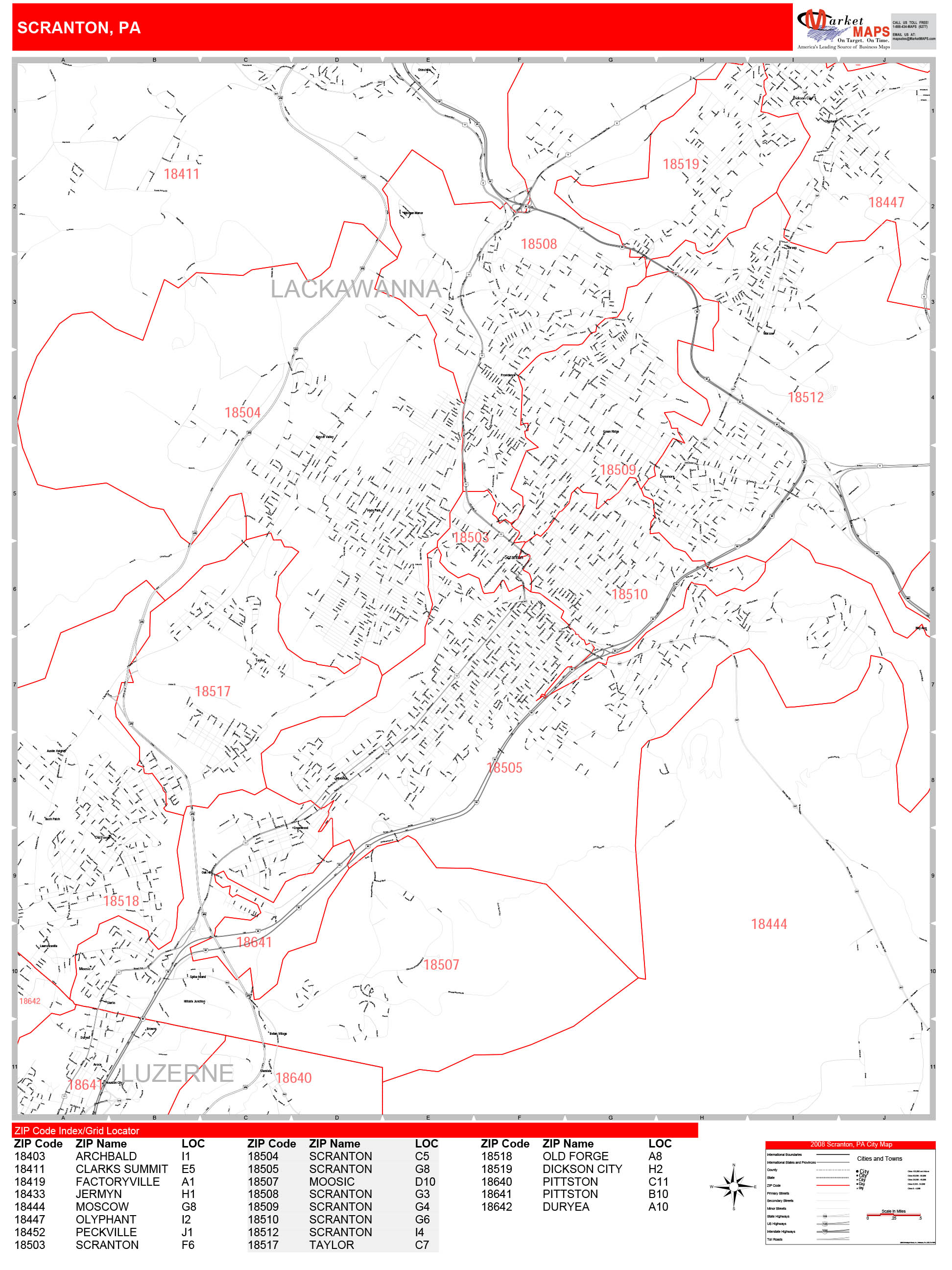 Scranton Pennsylvania Zip Code Wall Map (Red Line Style) by MarketMAPS