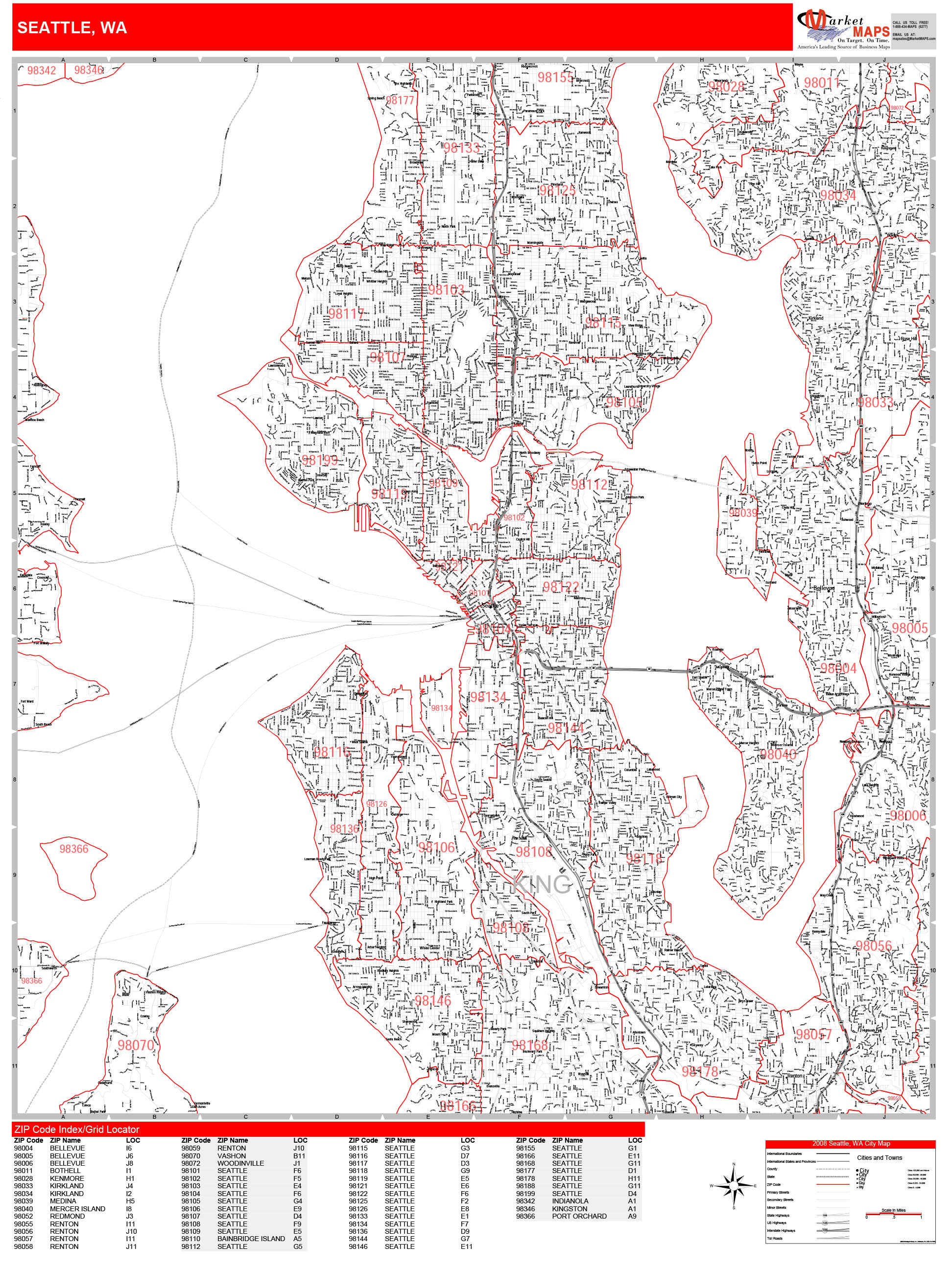 Seattle Washington Zip Code Wall Map (Red Line Style) by MarketMAPS