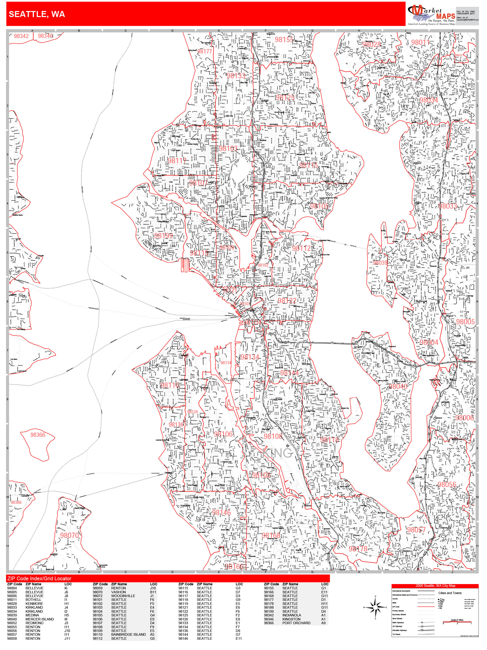 Seattle Washington Zip Code Wall Map (Red Line Style) by MarketMAPS MapSales