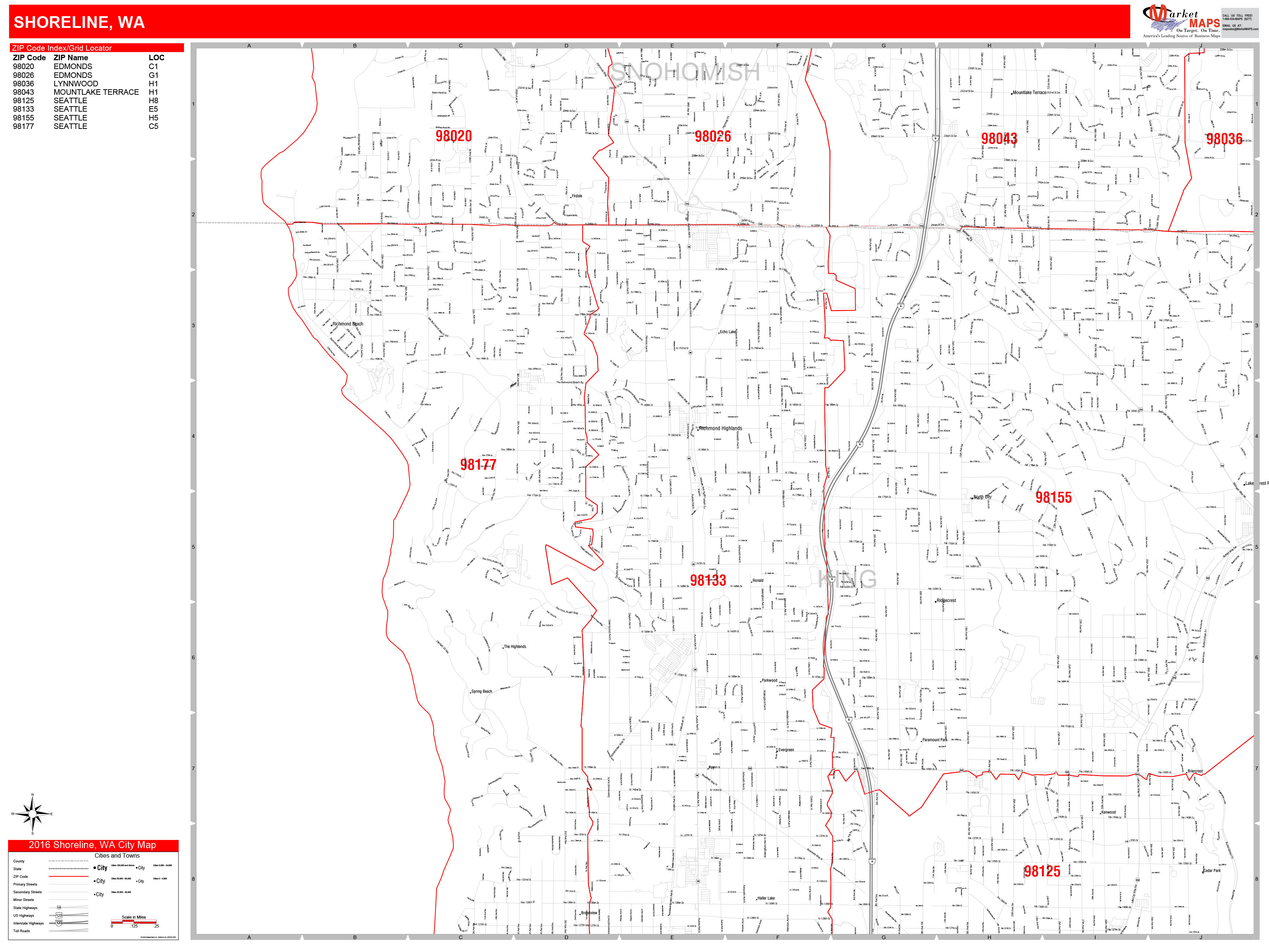 Shoreline Washington Zip Code Wall Map (Red Line Style) by MarketMAPS