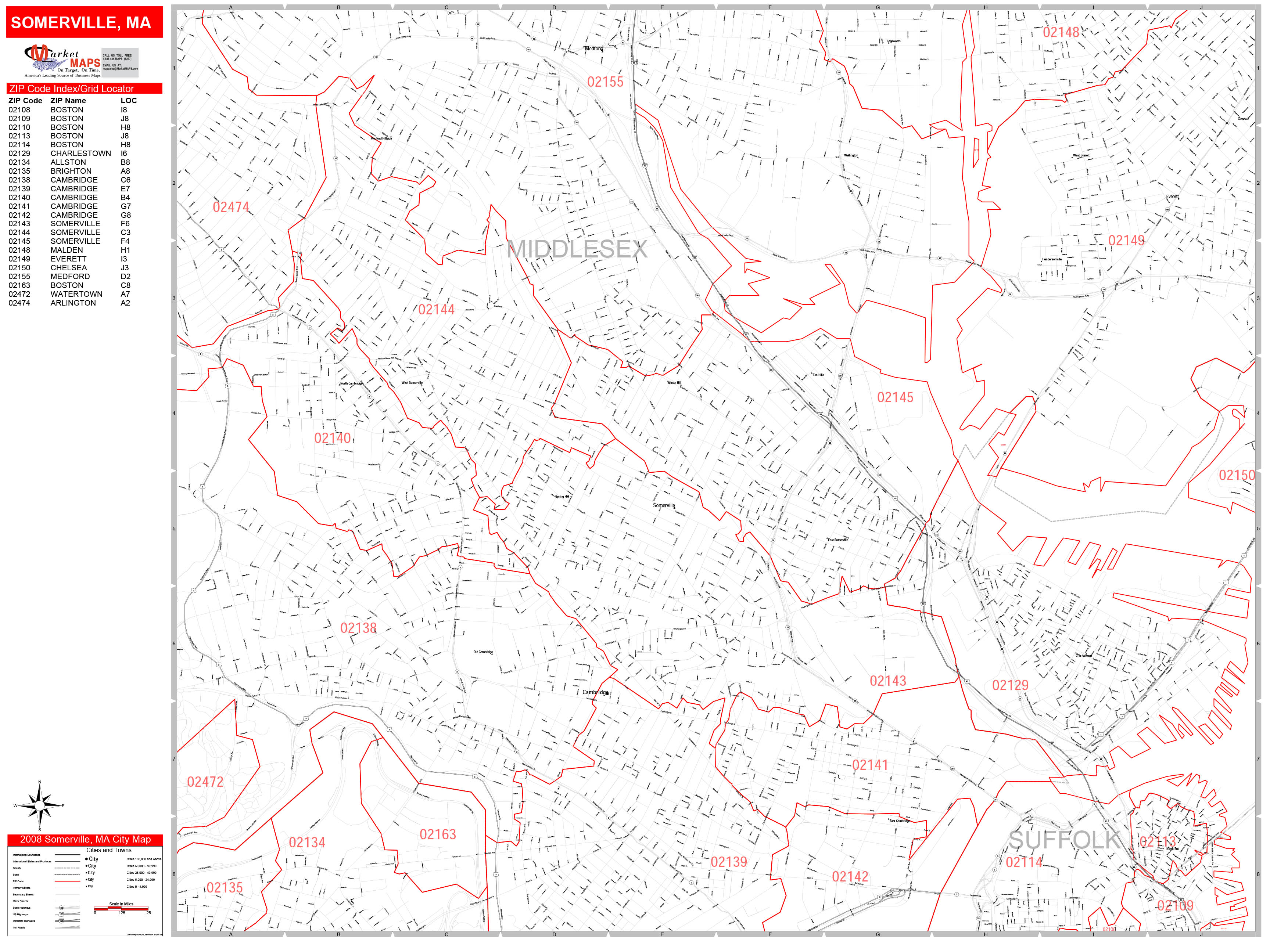 Somerville Massachusetts Zip Code Wall Map (Red Line Style) by