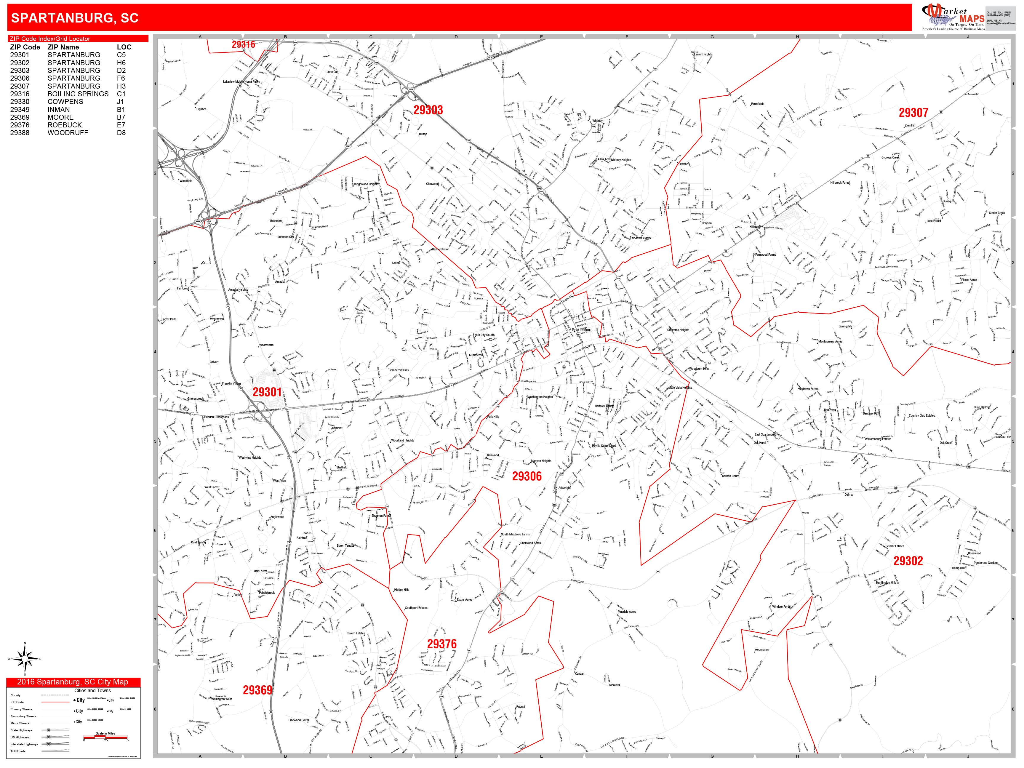 spartanburg-south-carolina-zip-code-wall-map-red-line-style-by