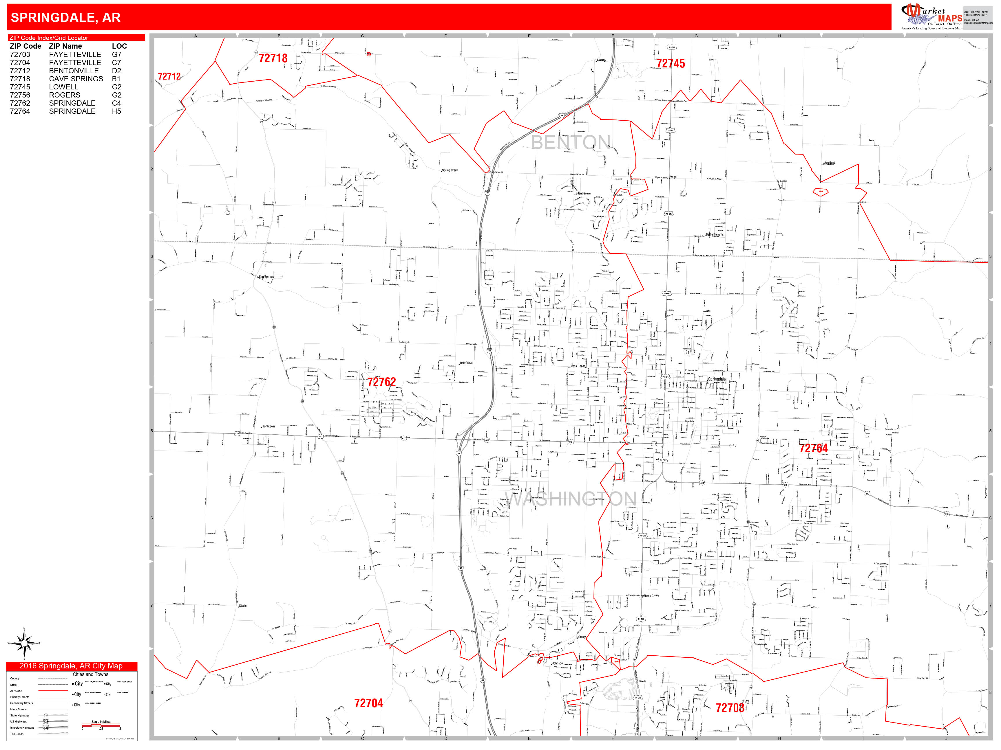 Springdale Arkansas Zip Code Wall Map (Red Line Style) by MarketMAPS