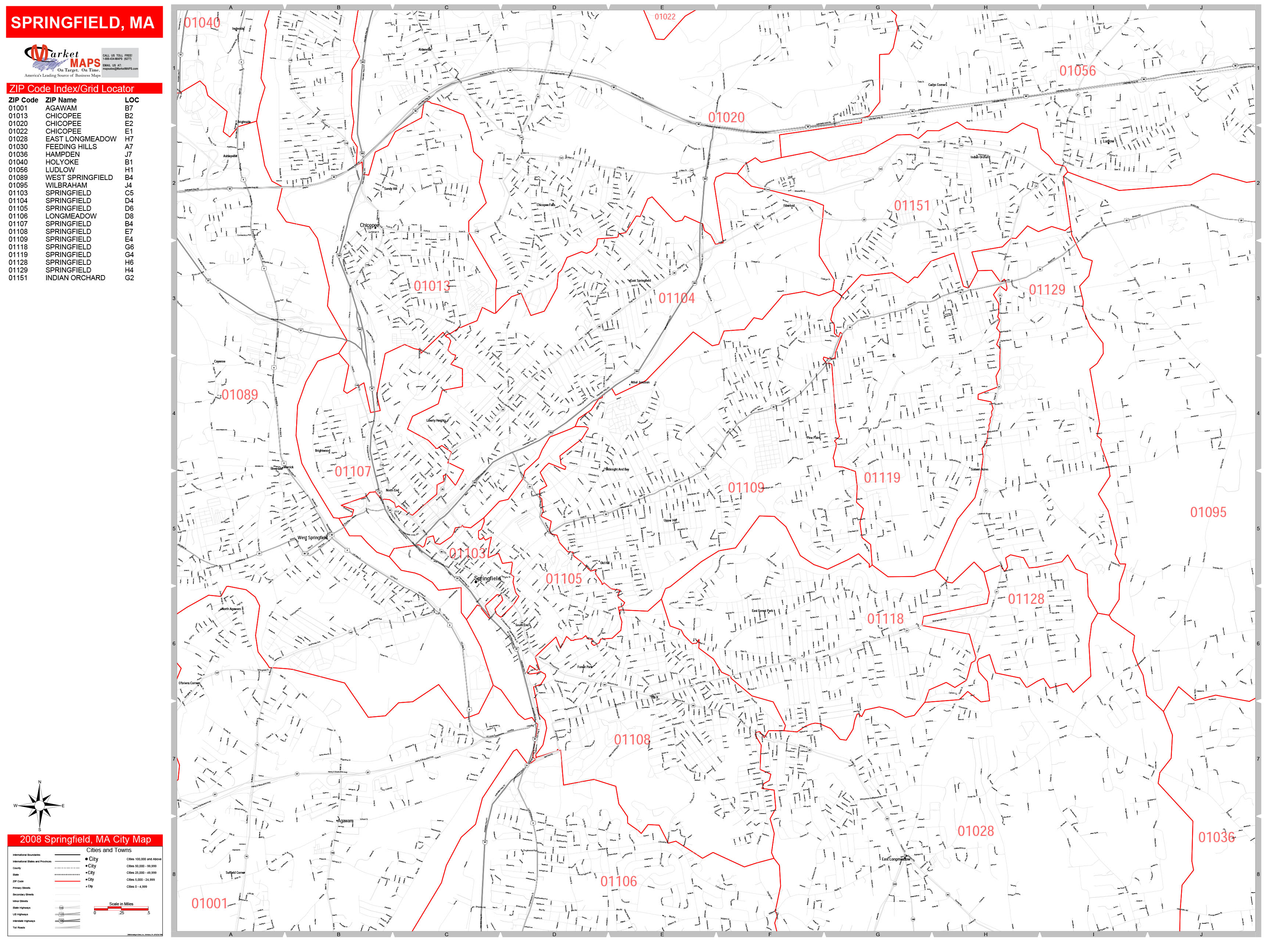 Springfield Massachusetts Zip Code Wall Map (Red Line Style) by